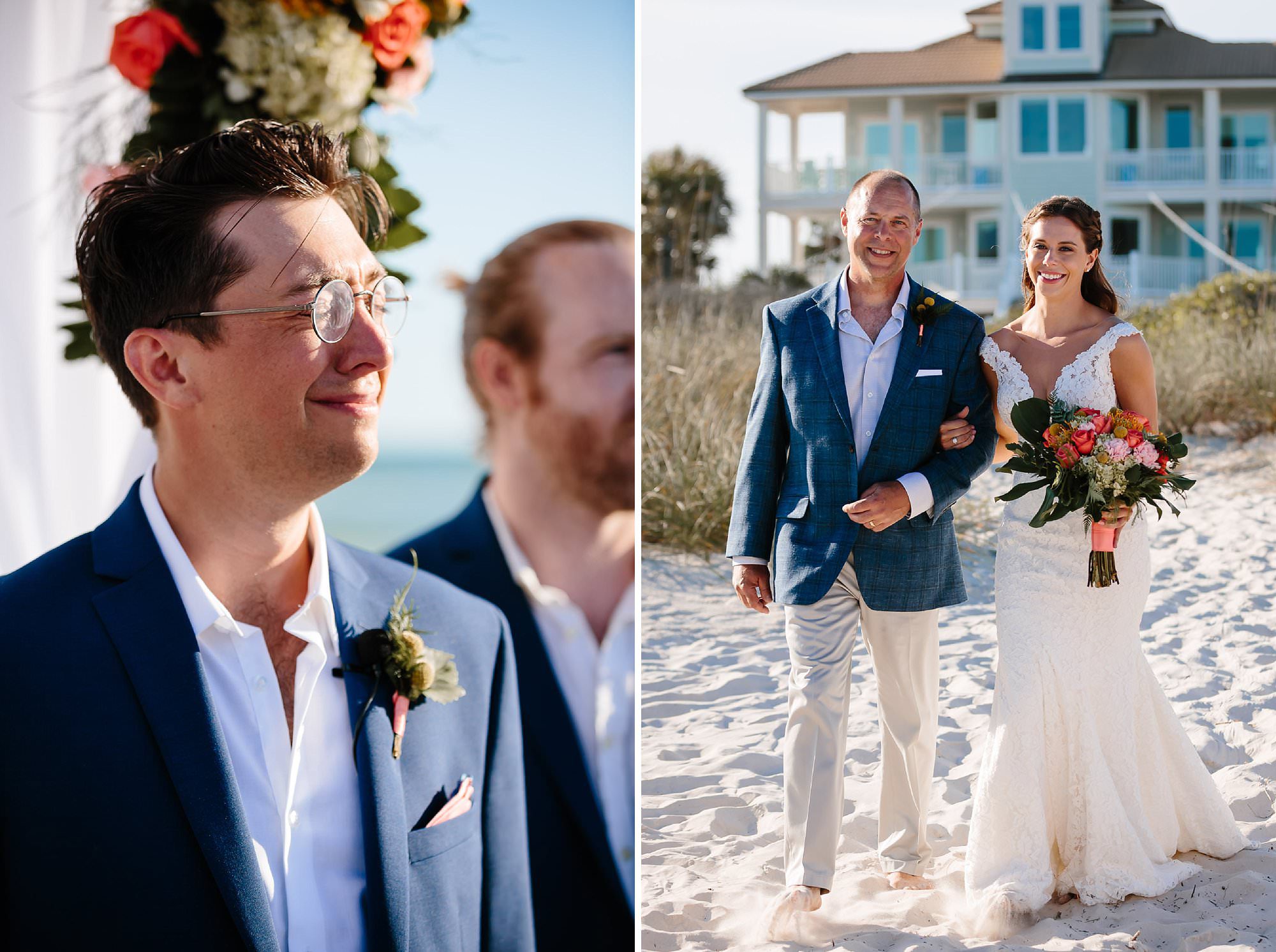 Groom crying when seeing bride at beach ceremony
