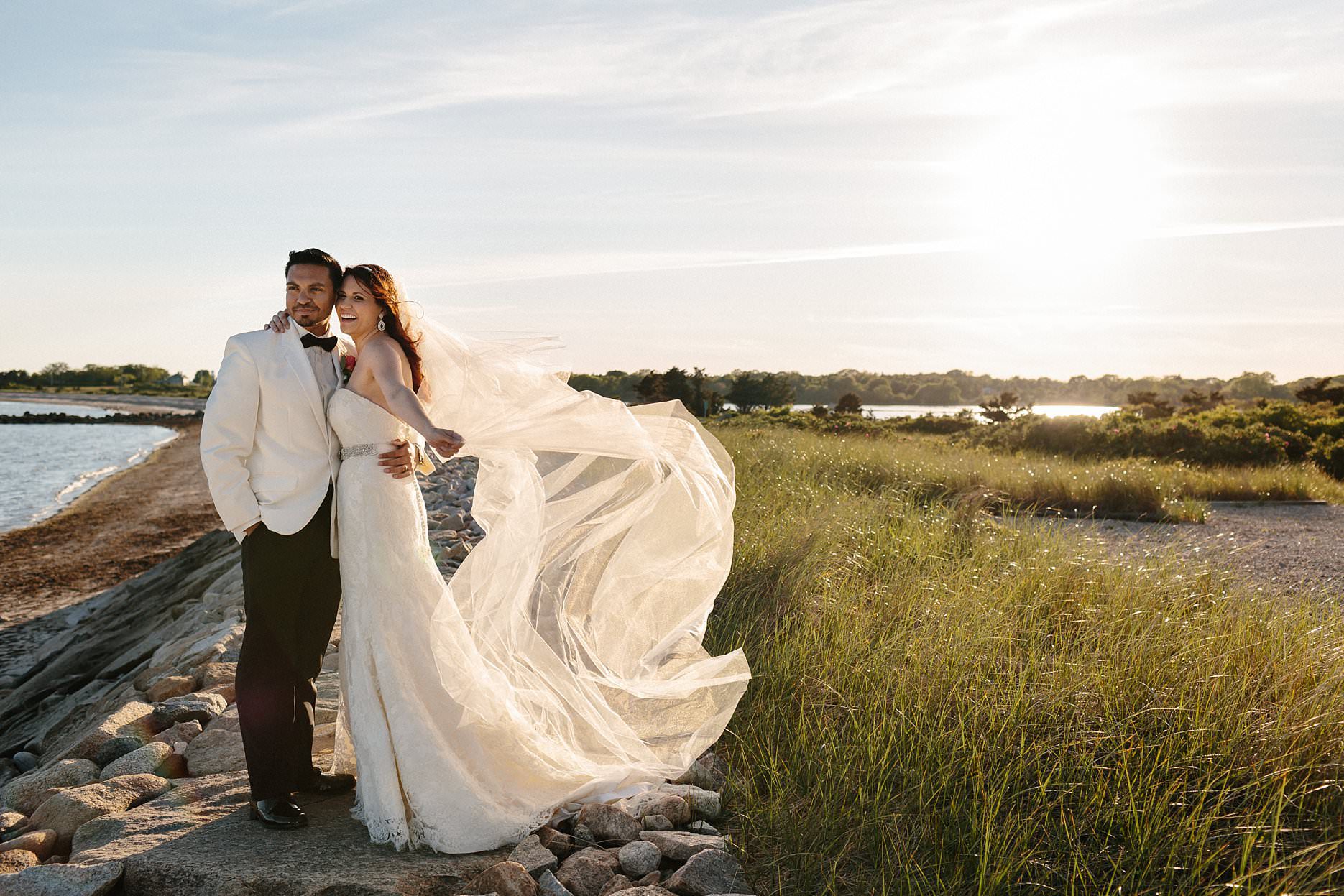 New England Wedding, Coastal Wedding Photography, Bride and Groom, Padanaram, South Dartmouth, Couple Portraits, Exploration, Salters Point, Wind, Veil