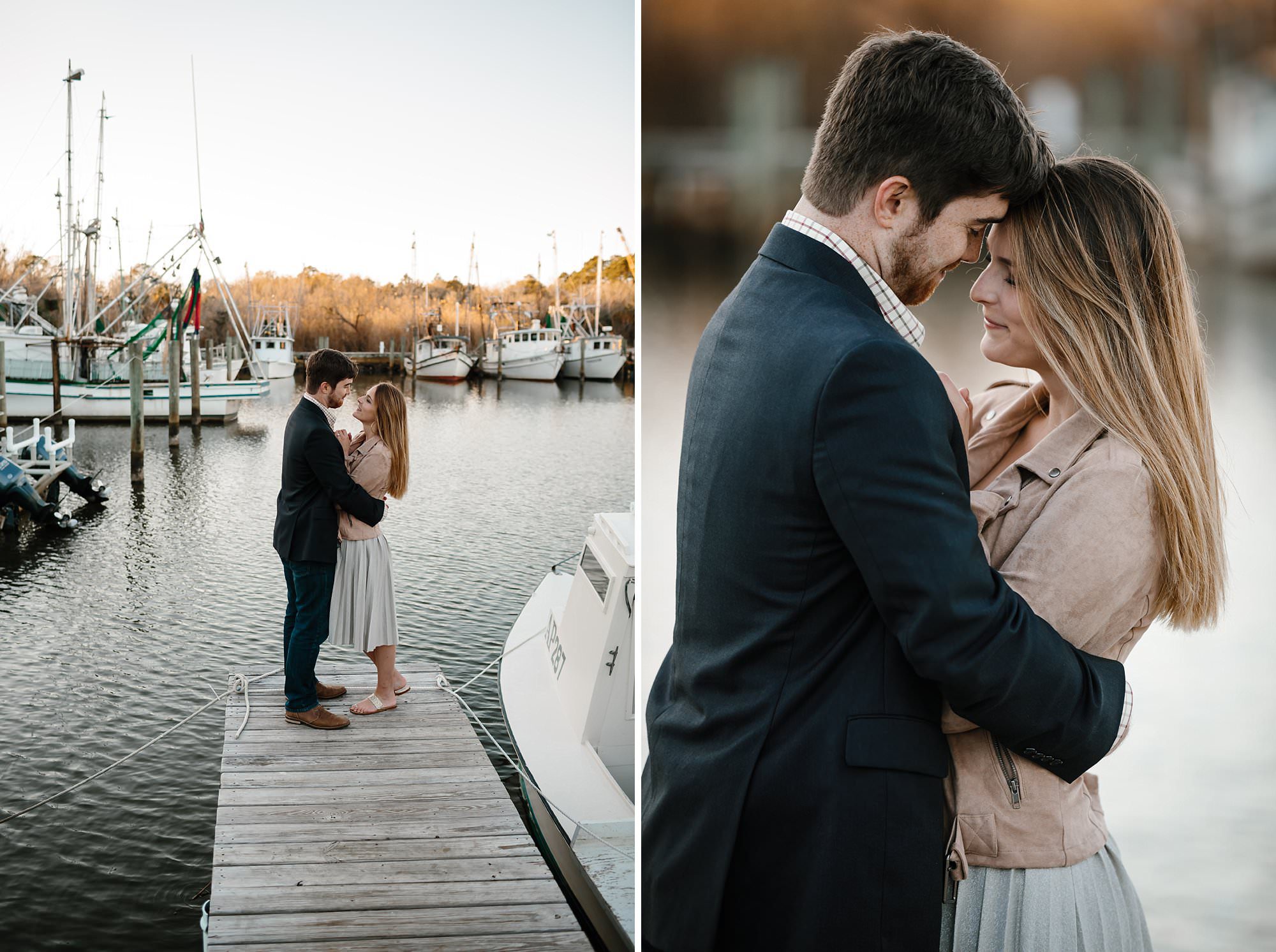 Megan and Turner embracing on a dock slip in the marina at the end of Market St Apalachicola 