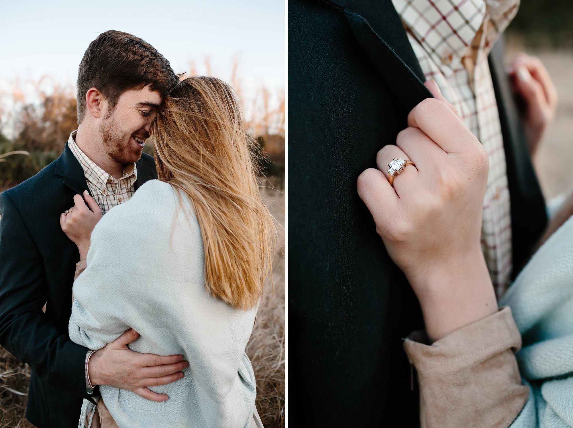 Close up of Megan and Turner's engagement ring while embracing in the cold wind