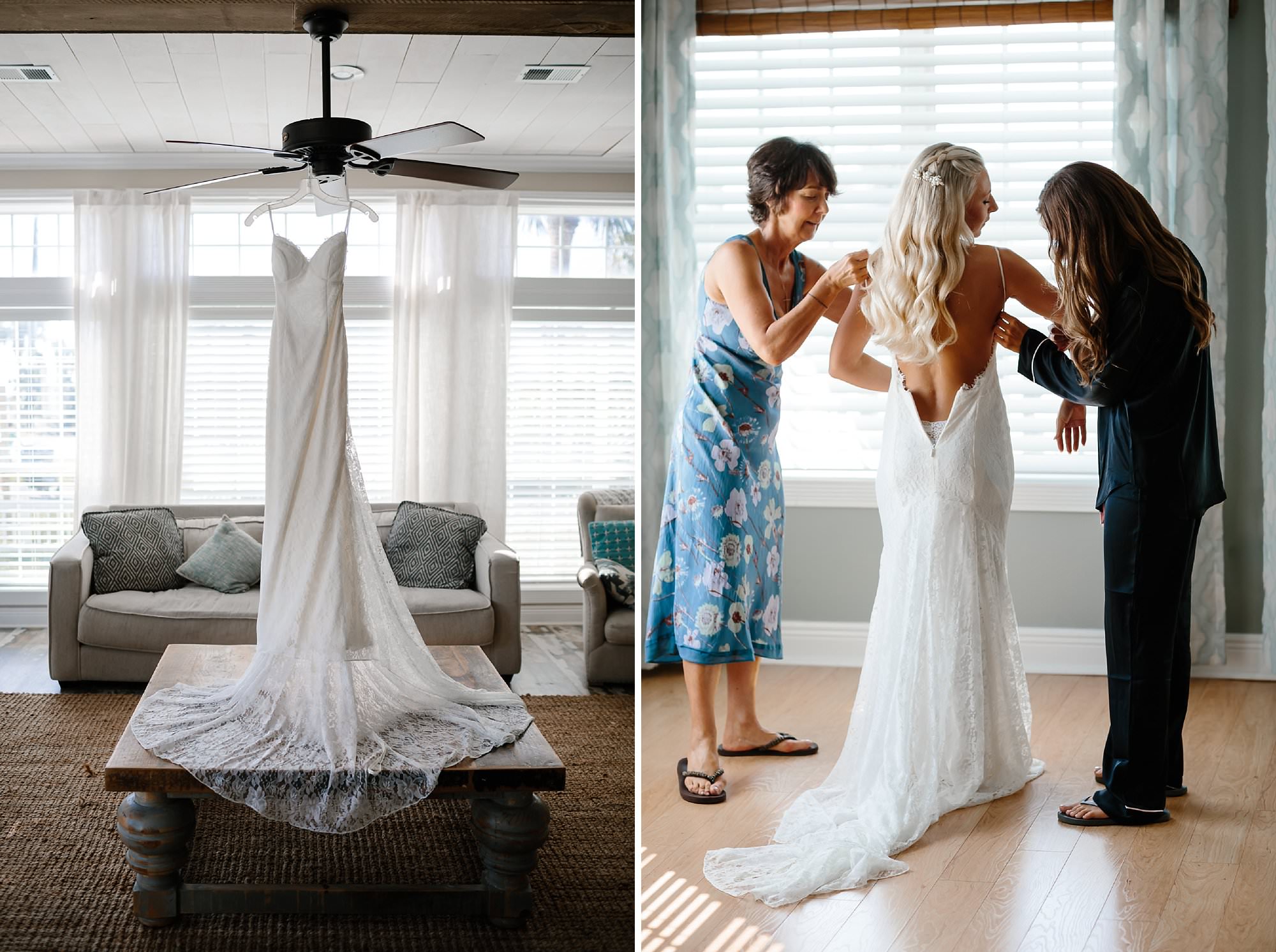 Mother and sister helping bride into white lace sheath wedding dress