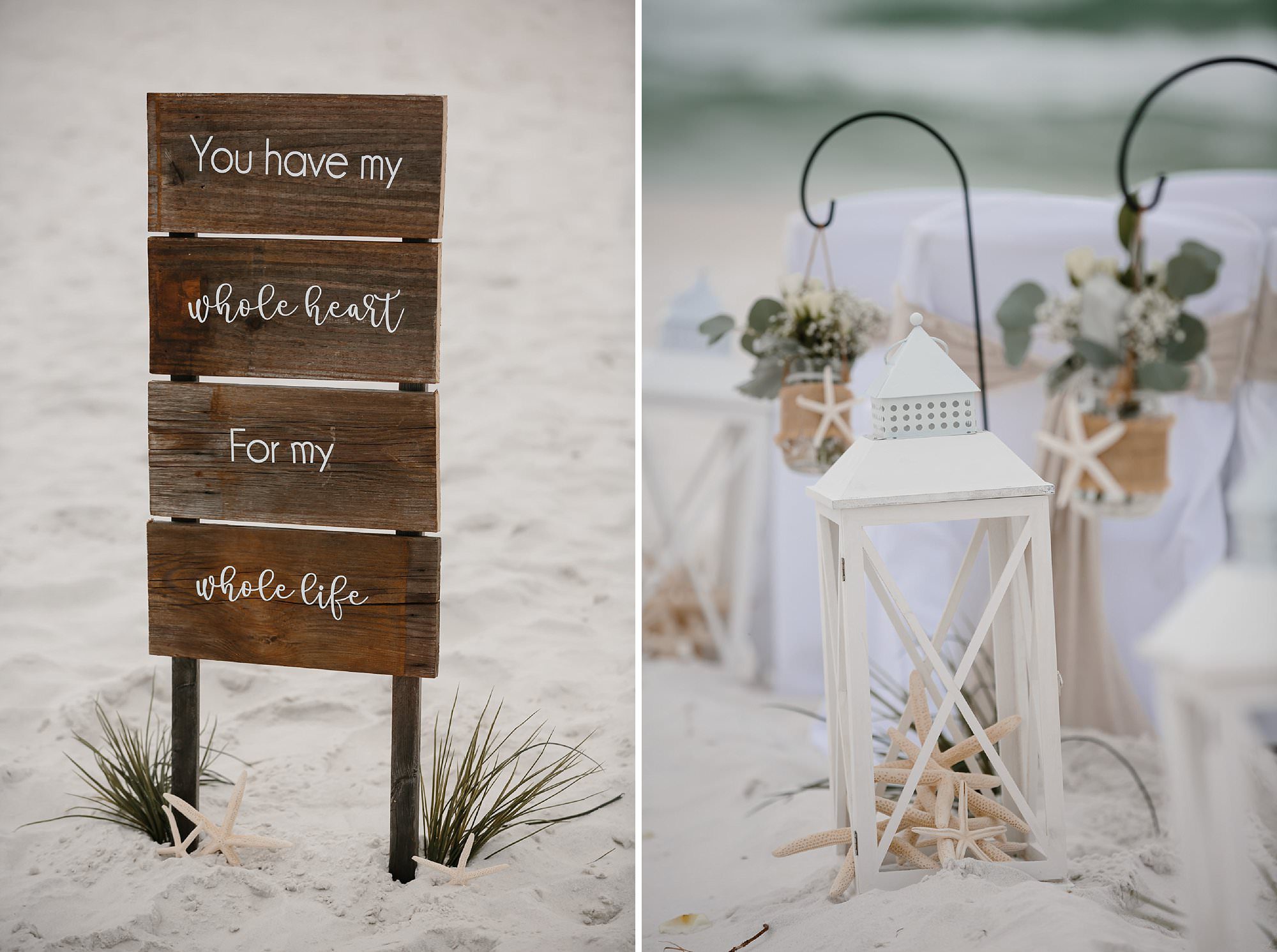 Wooden beach wedding sign and shepard hooks with rose and eucalyptus filled mason jars with white lanterns and starfish
