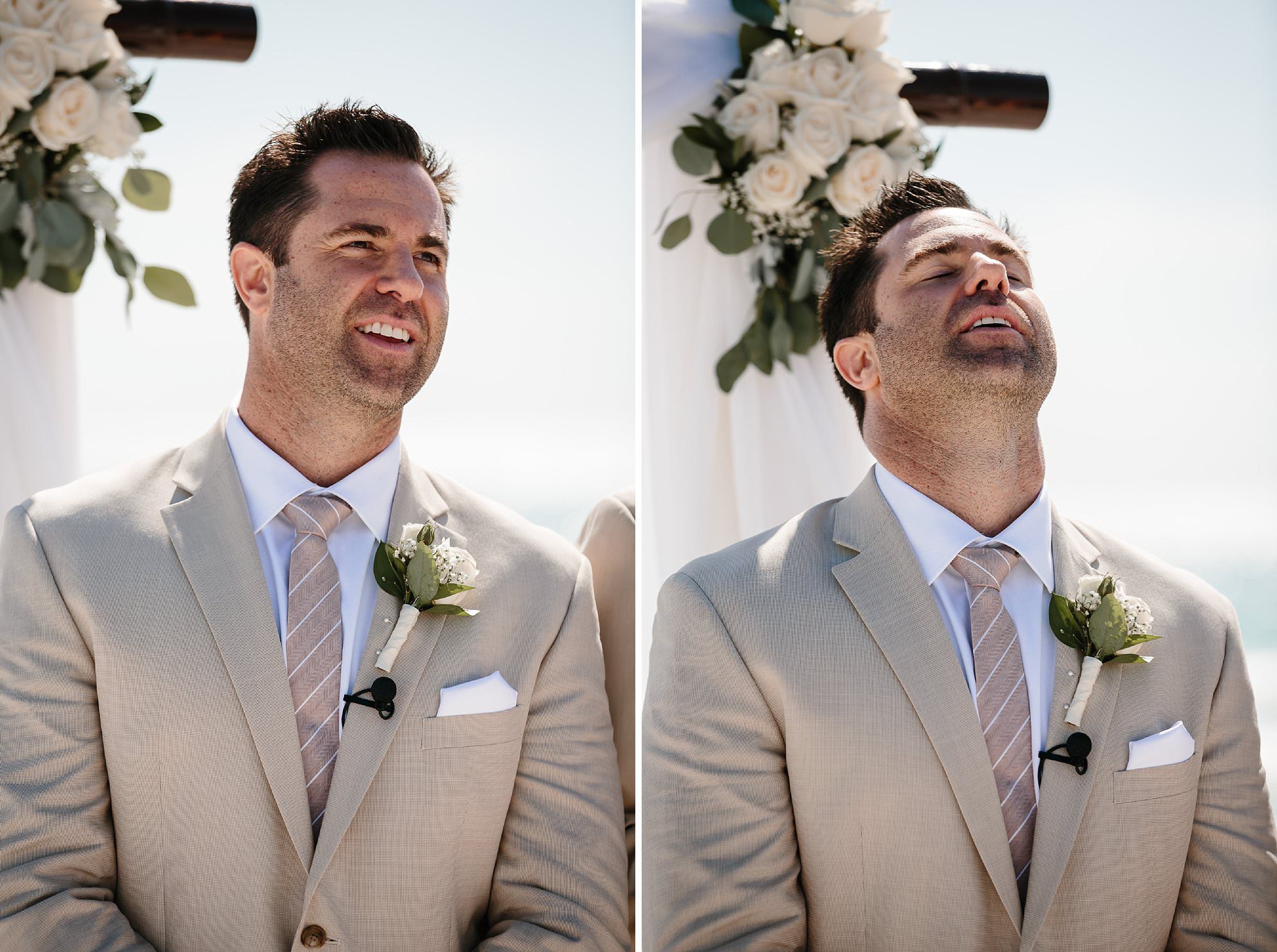 View of grooms face as he sees bride for the first time