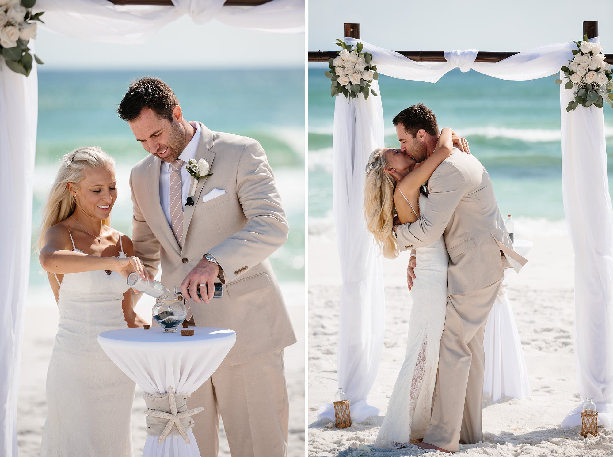 Sand Ceremony and first kiss at beach wedding in Henderson Beach State Park