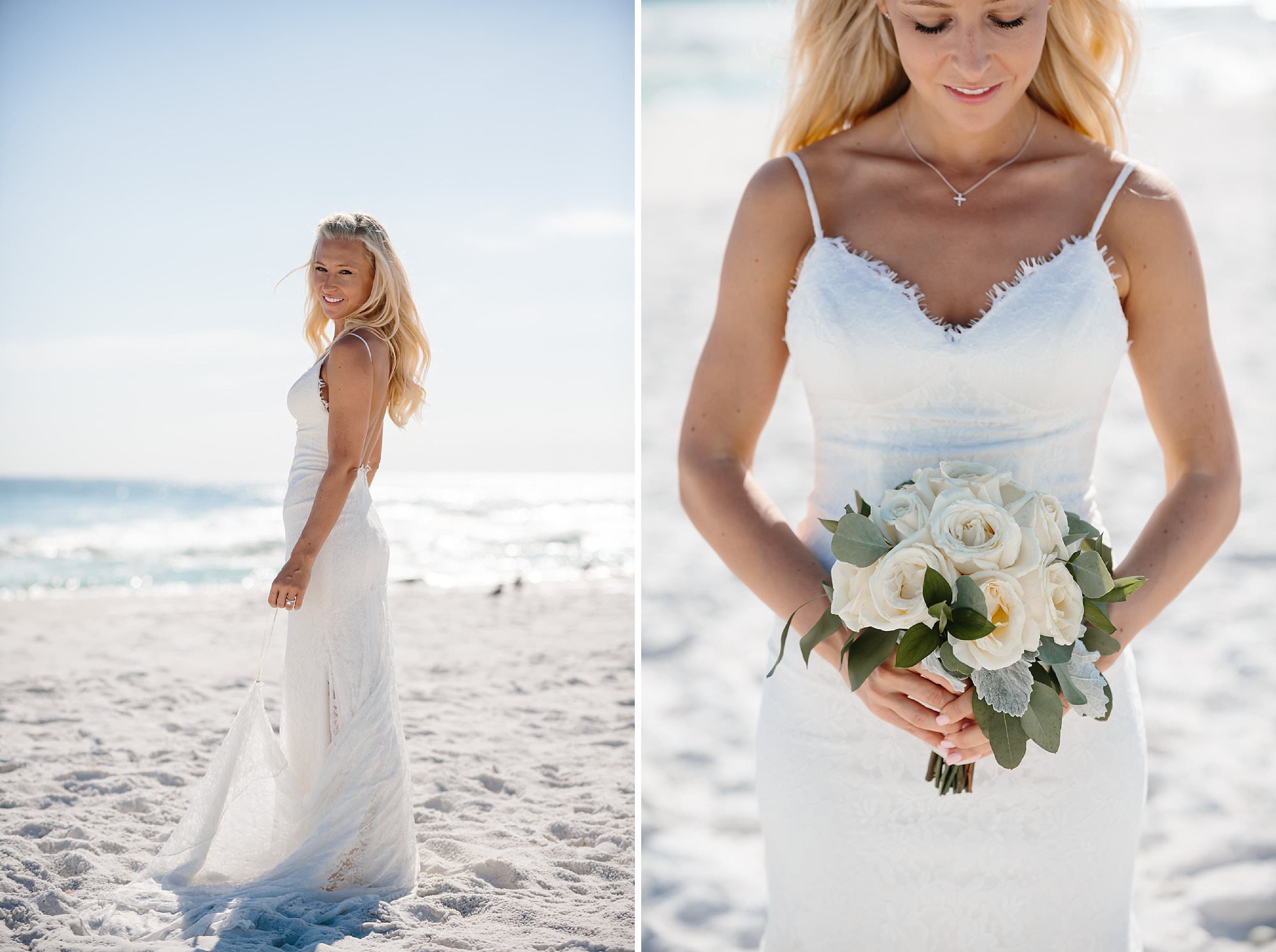 Full length bridal portrait of blond bride in white lace sheath dress and white rose bouquet on the beach in Destin Florida