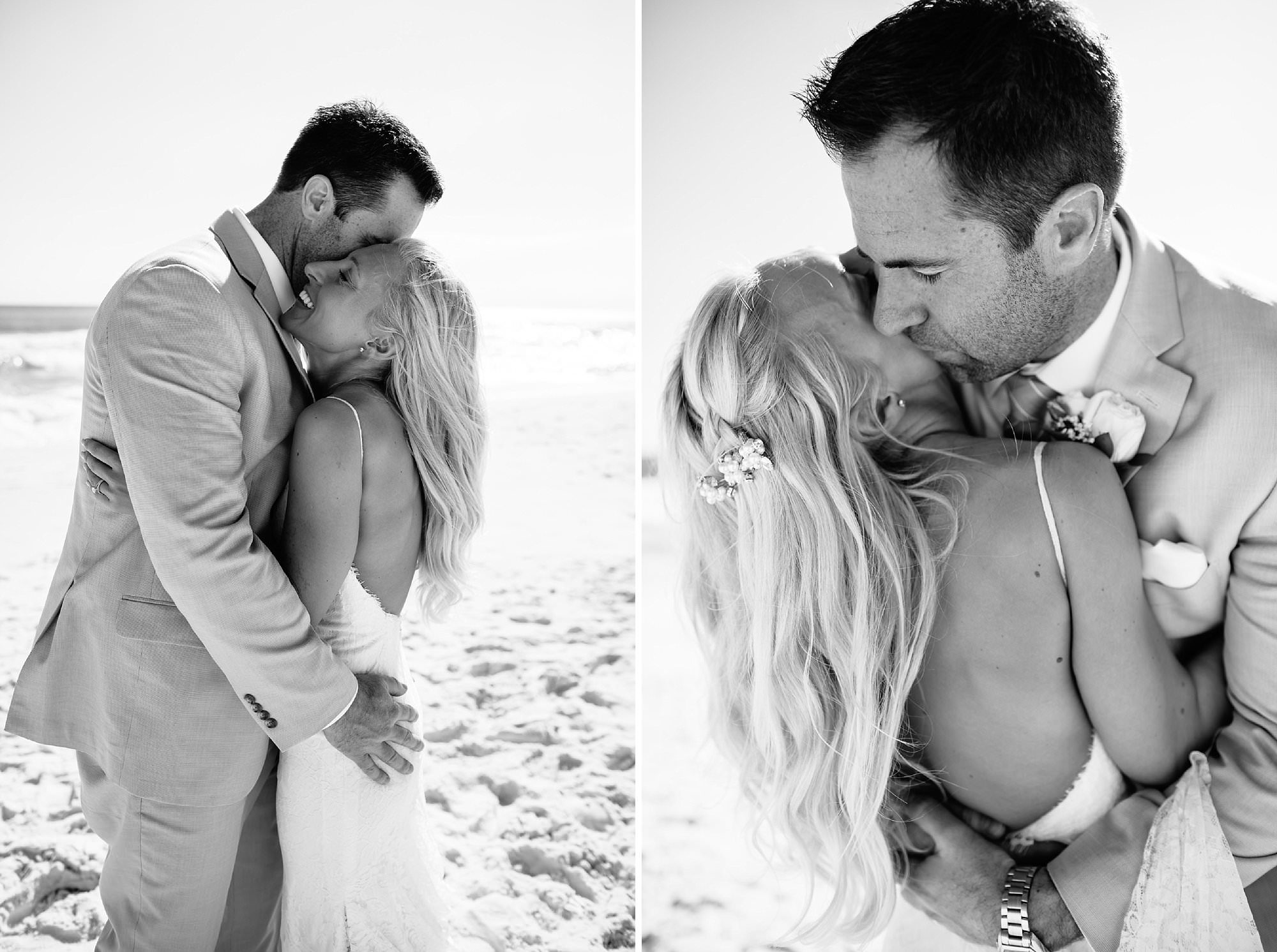 Black and White portraits of bride and groom in close embrace on the beach Destin Florida