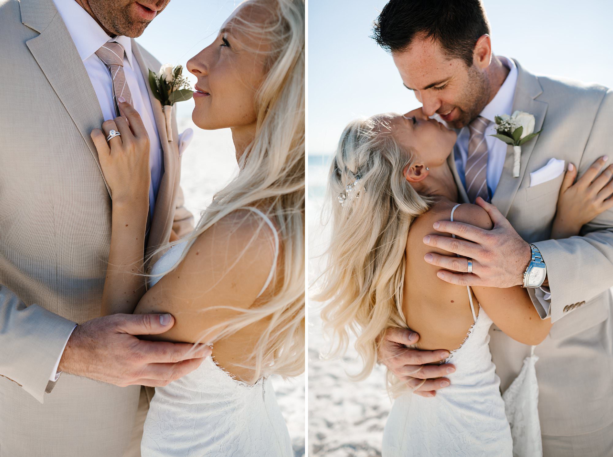 Close up portraits of bride and groom embracing on the beach Destin Florida