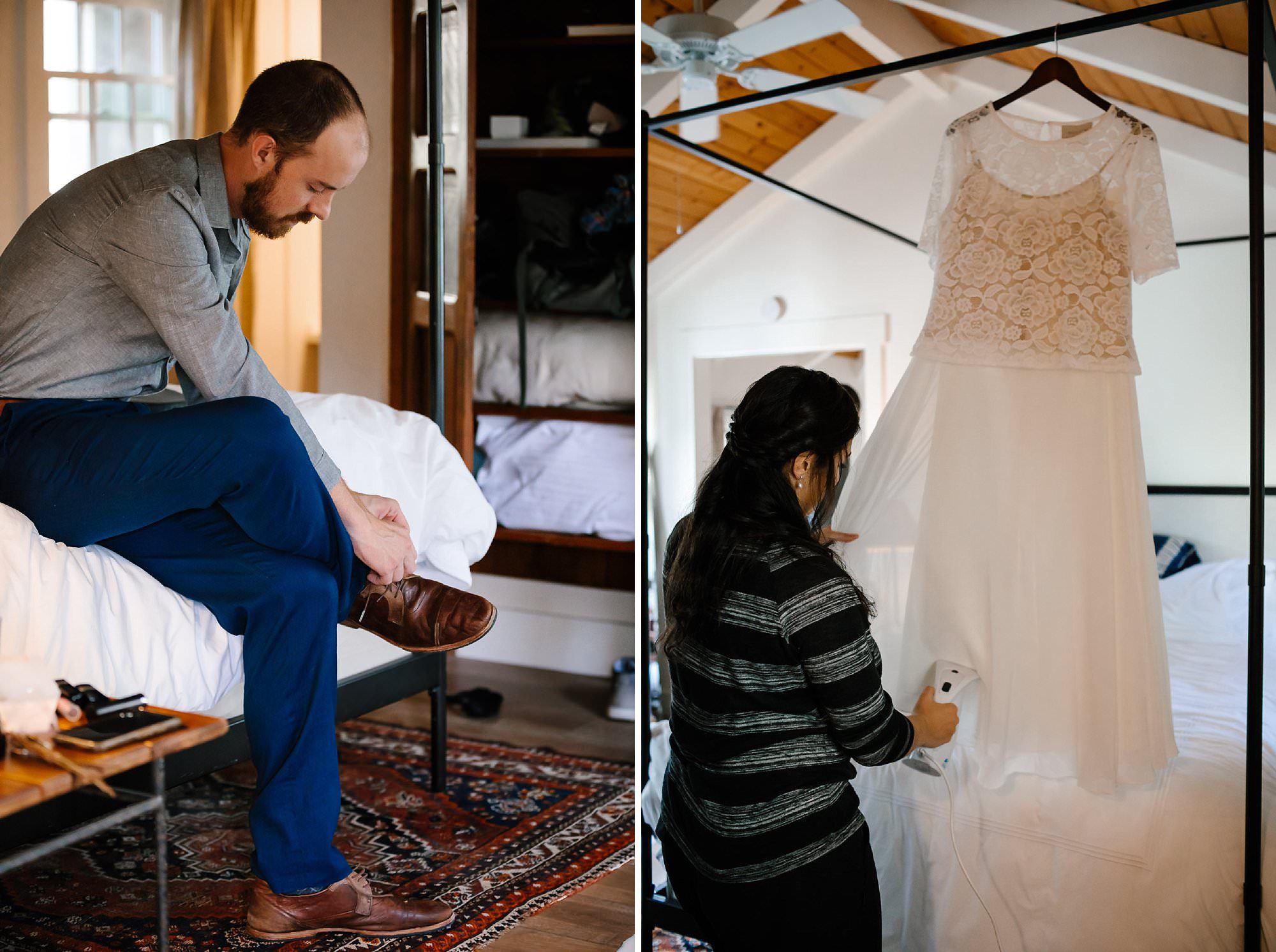 Side by sides of groom putting on brown leather shoes while bride steams white wedding dress