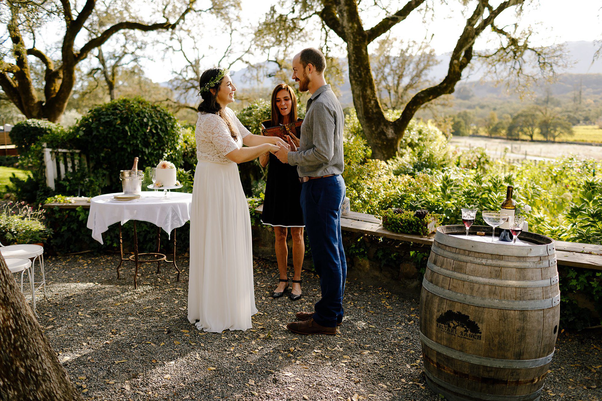 Angie and Tyler elope under the oak at Beltane Ranch