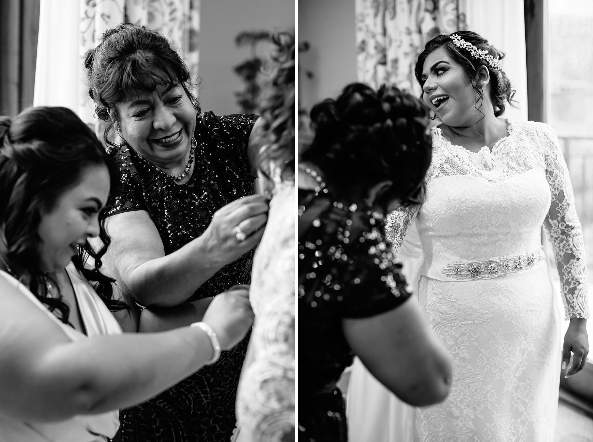 Black and white photos of bride getting ready