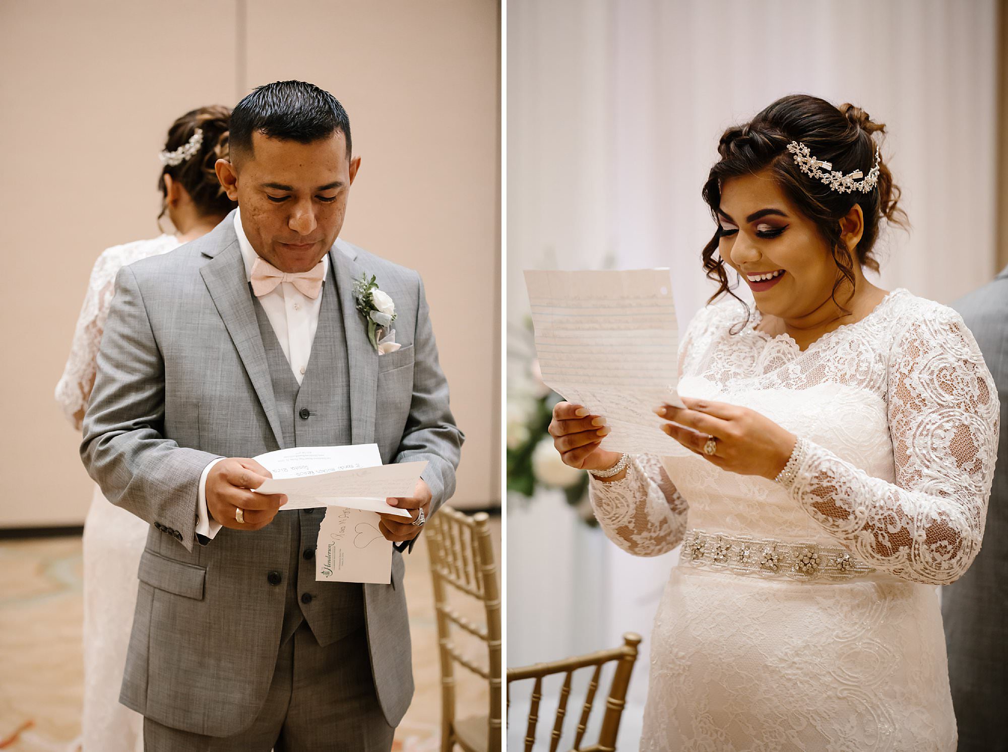 Bride and groom back to back in front of alter reading love letters