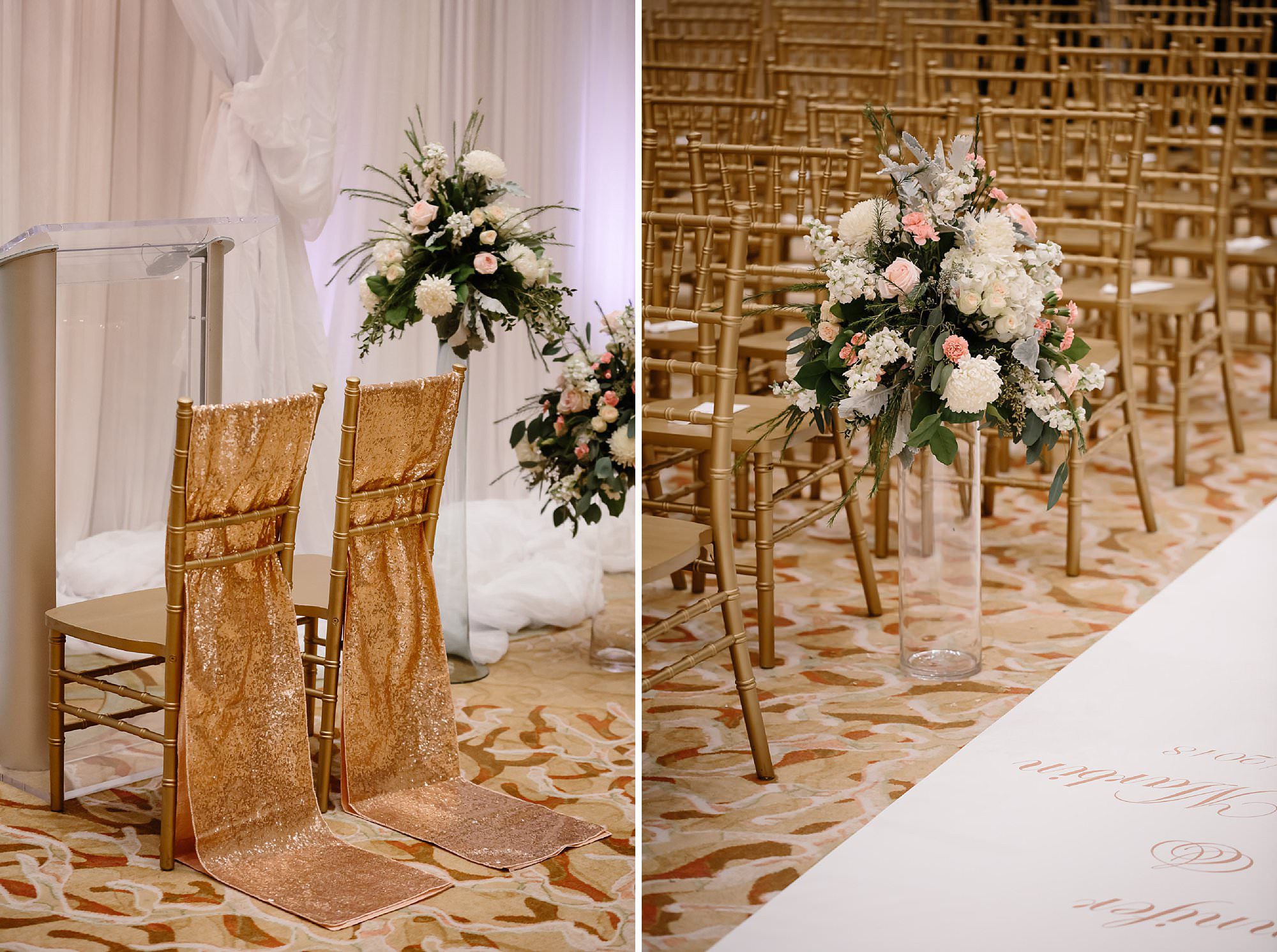 Pink and white floral decorations and gold accents for the indoor ceremony at the Henderson Beach Resort and Spa