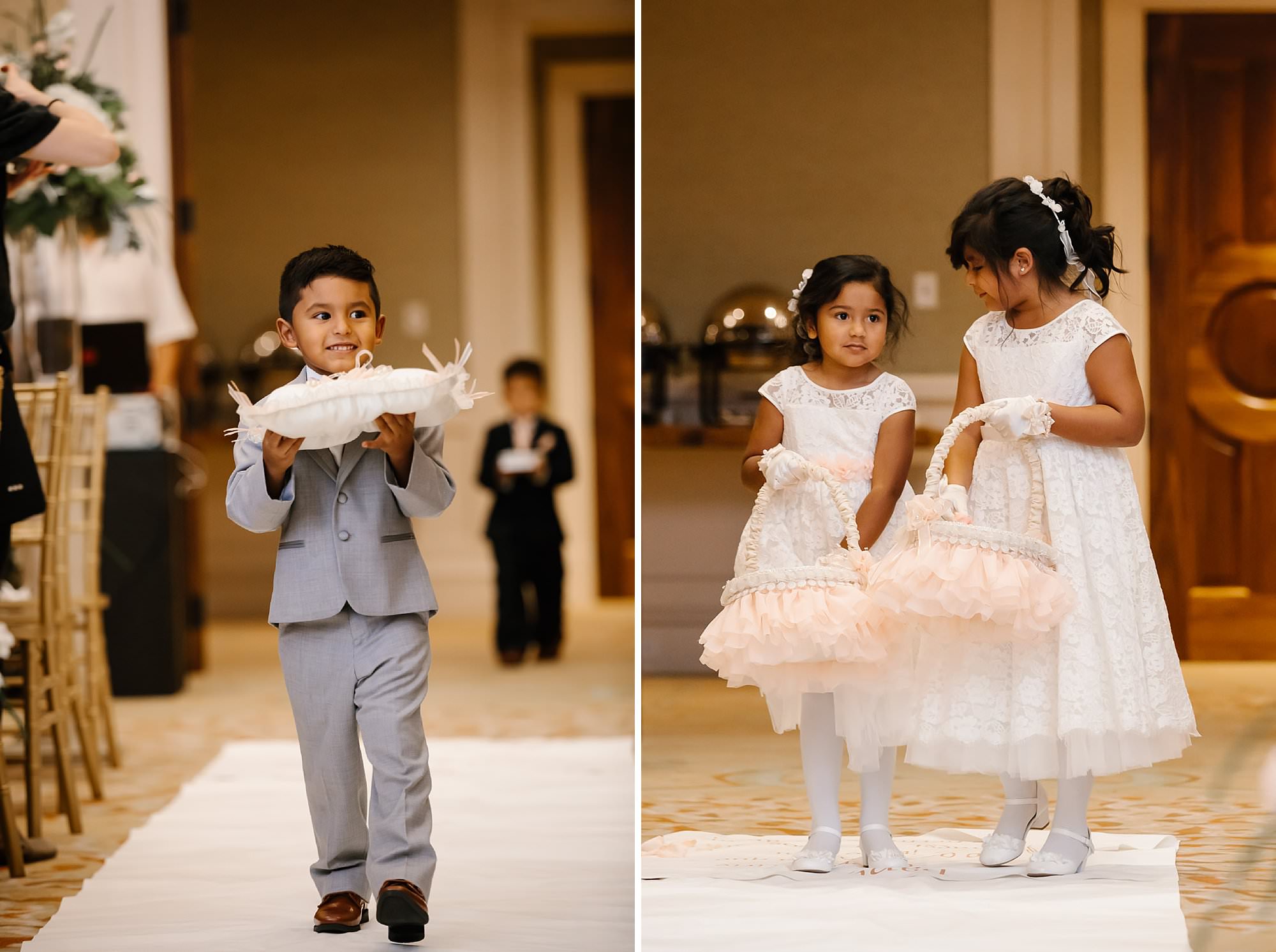 Ring bearers and flower girls walking down the aisle at their indoor wedding at Henderson Beach Resort and Spa