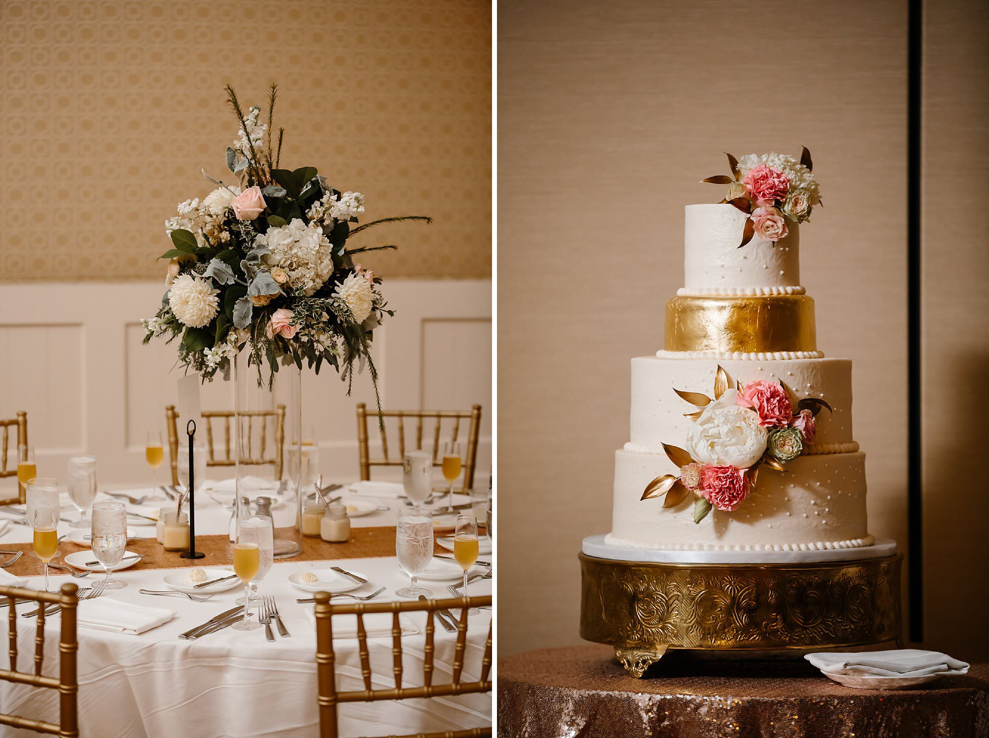 Pink, white and gold four tiered cake and table decor at Henderson Beach Resort and Spa wedding