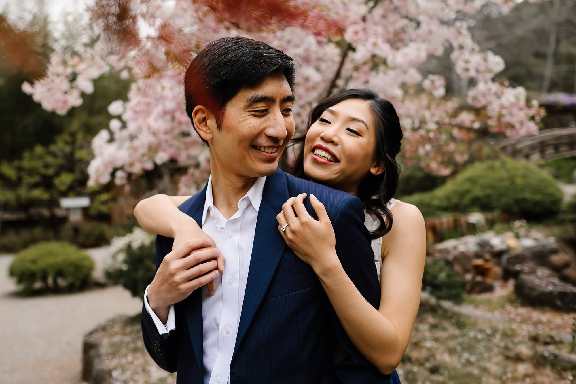 Woman embracing fiancé from behind near blooming cherry tree at Hakone Estate and Gardens in Saratoga, California
