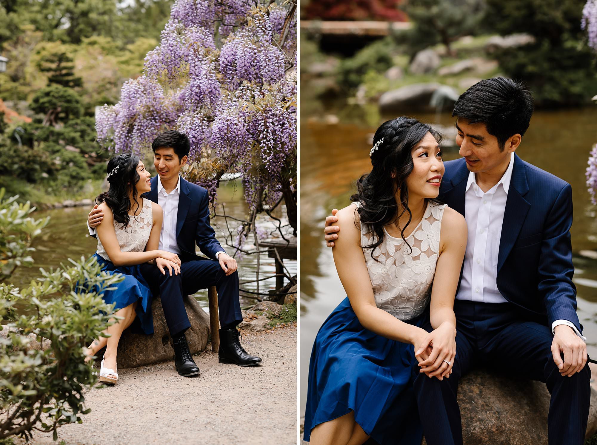 Side by side of engaged couple sitting together near wisteria in Hakone Estate gardens