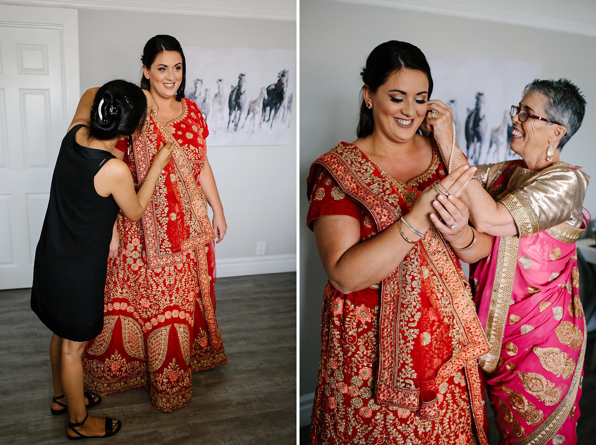 Dressing the bride in a red and gold saree