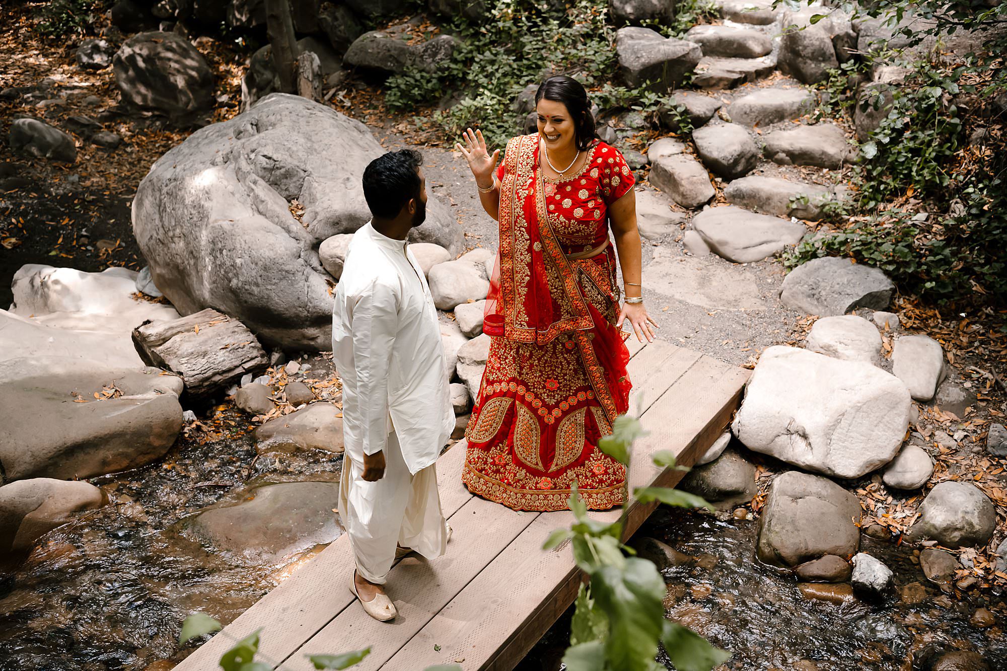 First look on the bridge at Saratoga Springs for a Hindu wedding