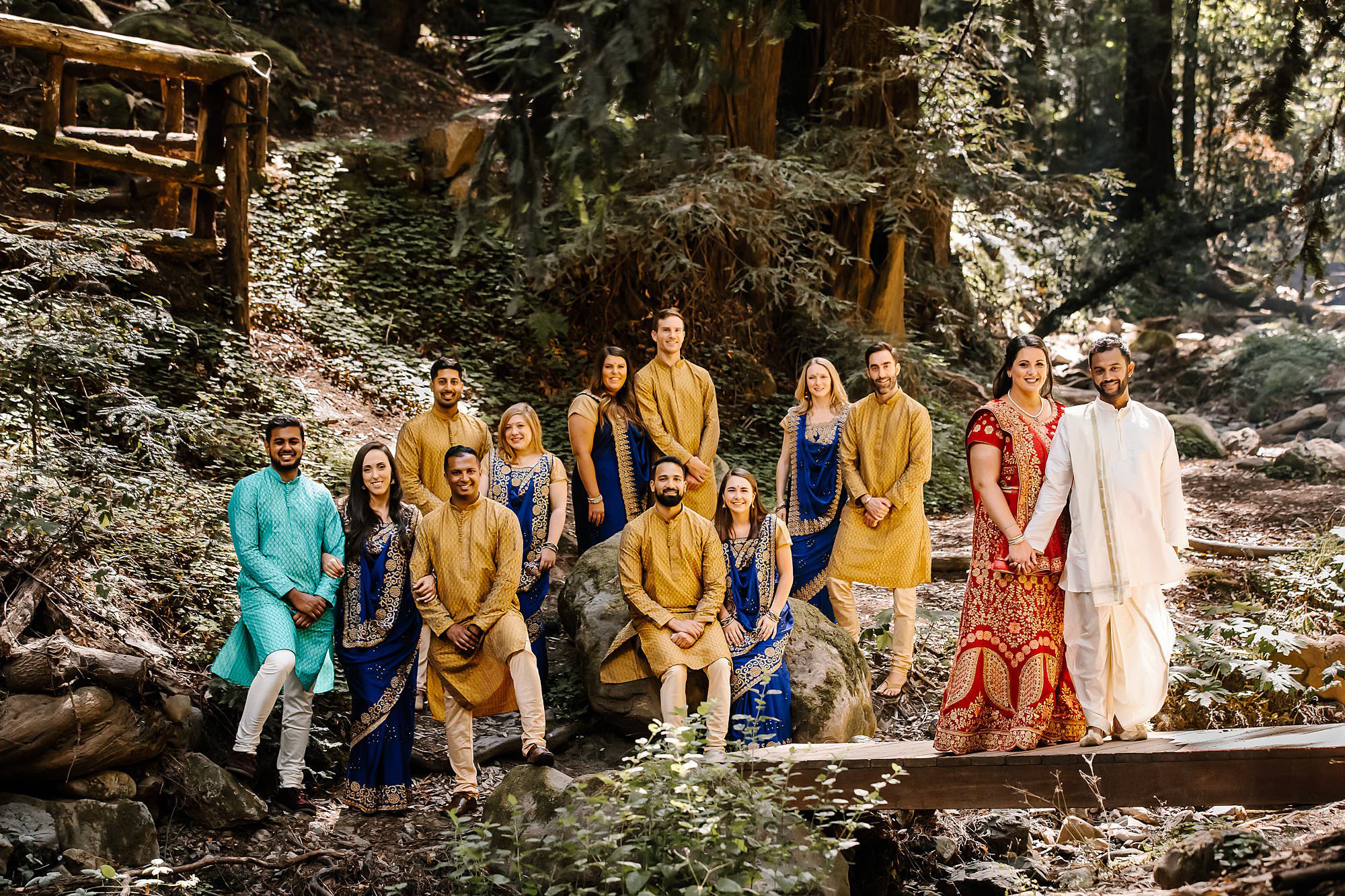 Colorful wedding party in the redwoods at Saratoga Springs Hindu wedding