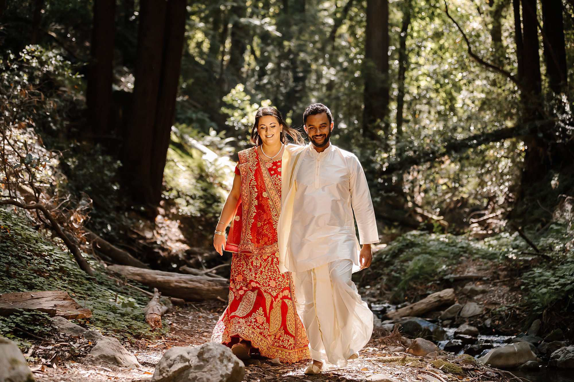 Bride and groom portraits in the redwoods for Hindu wedding at Saratoga Springs