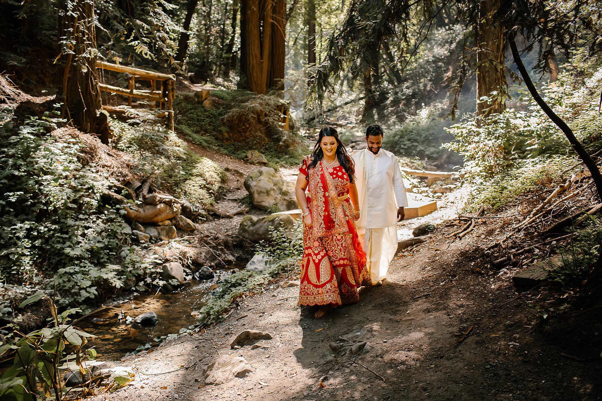 Bride and groom portraits in the redwoods for Hindu wedding at Saratoga Springs