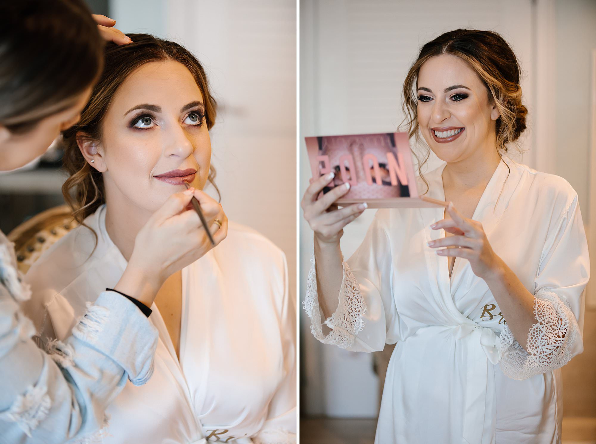 Side by side of bride getting her make up done at the Henderson in Destin the morning of her wedding