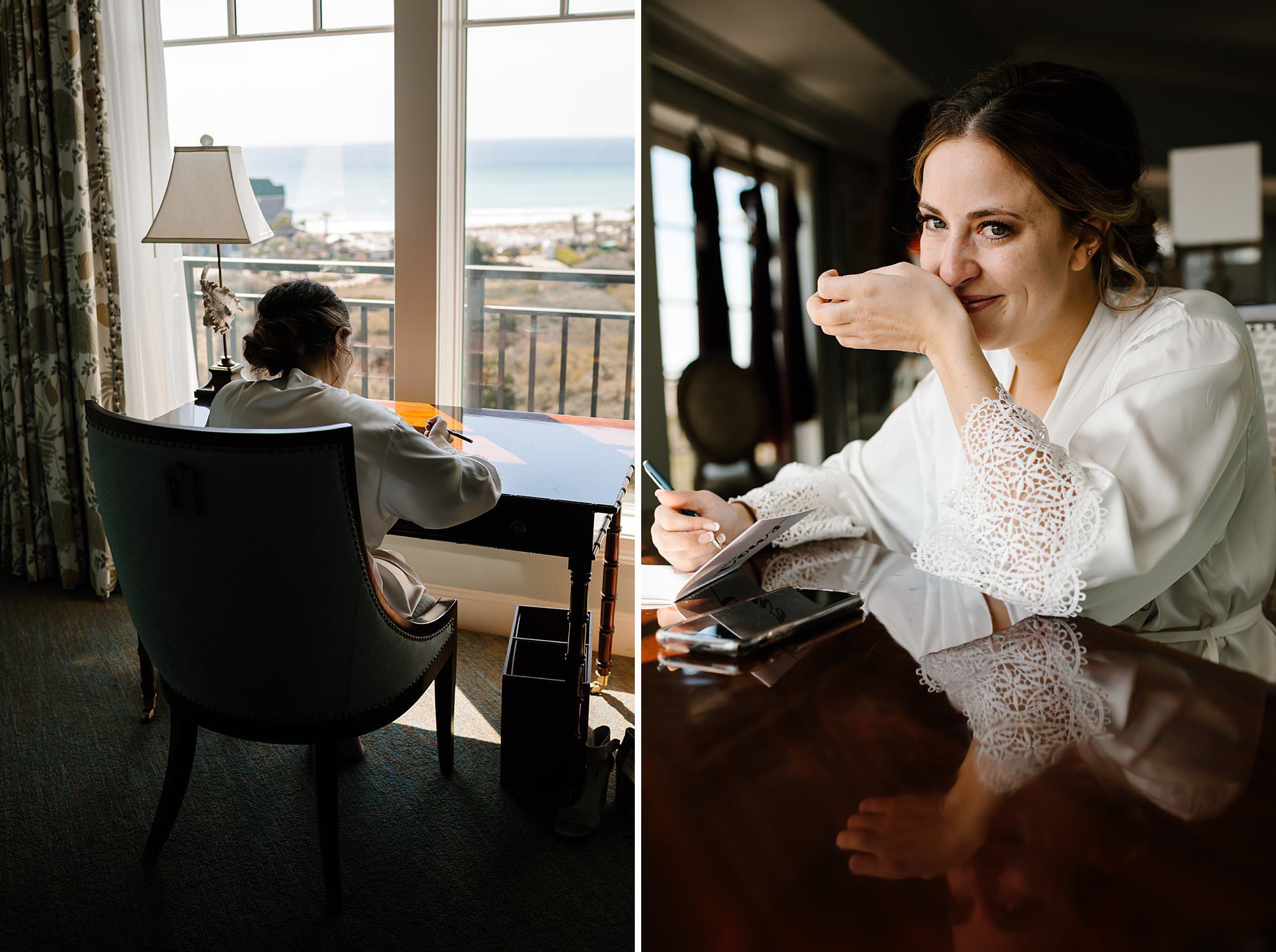 Side by side of bride crying while writing a letter to her groom while sitting at a desk in front of a window facing the beach
