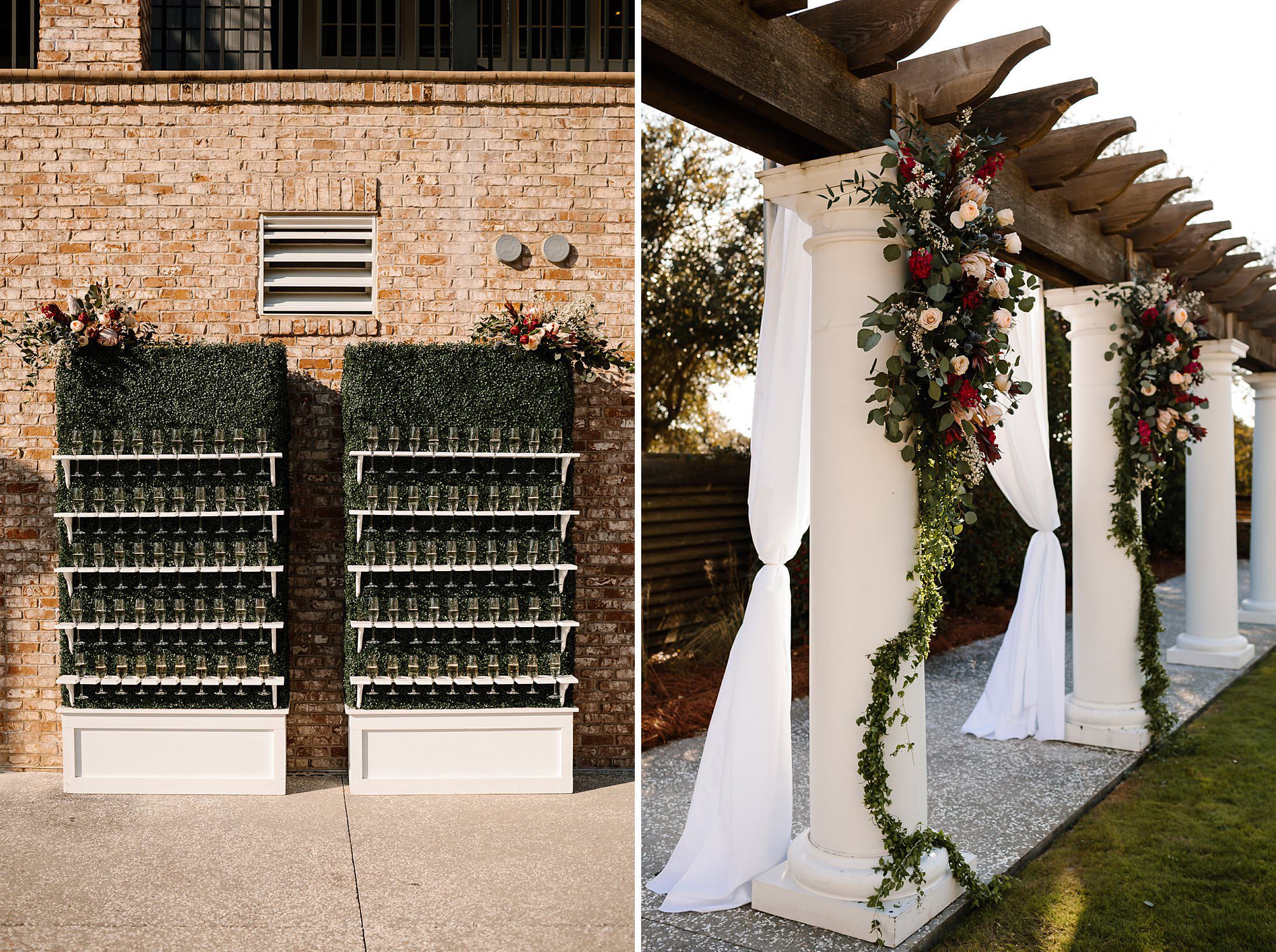 Side by side of champagne wall and pillars decorated for a ceremony at the Henderson Resort in Destin Florida