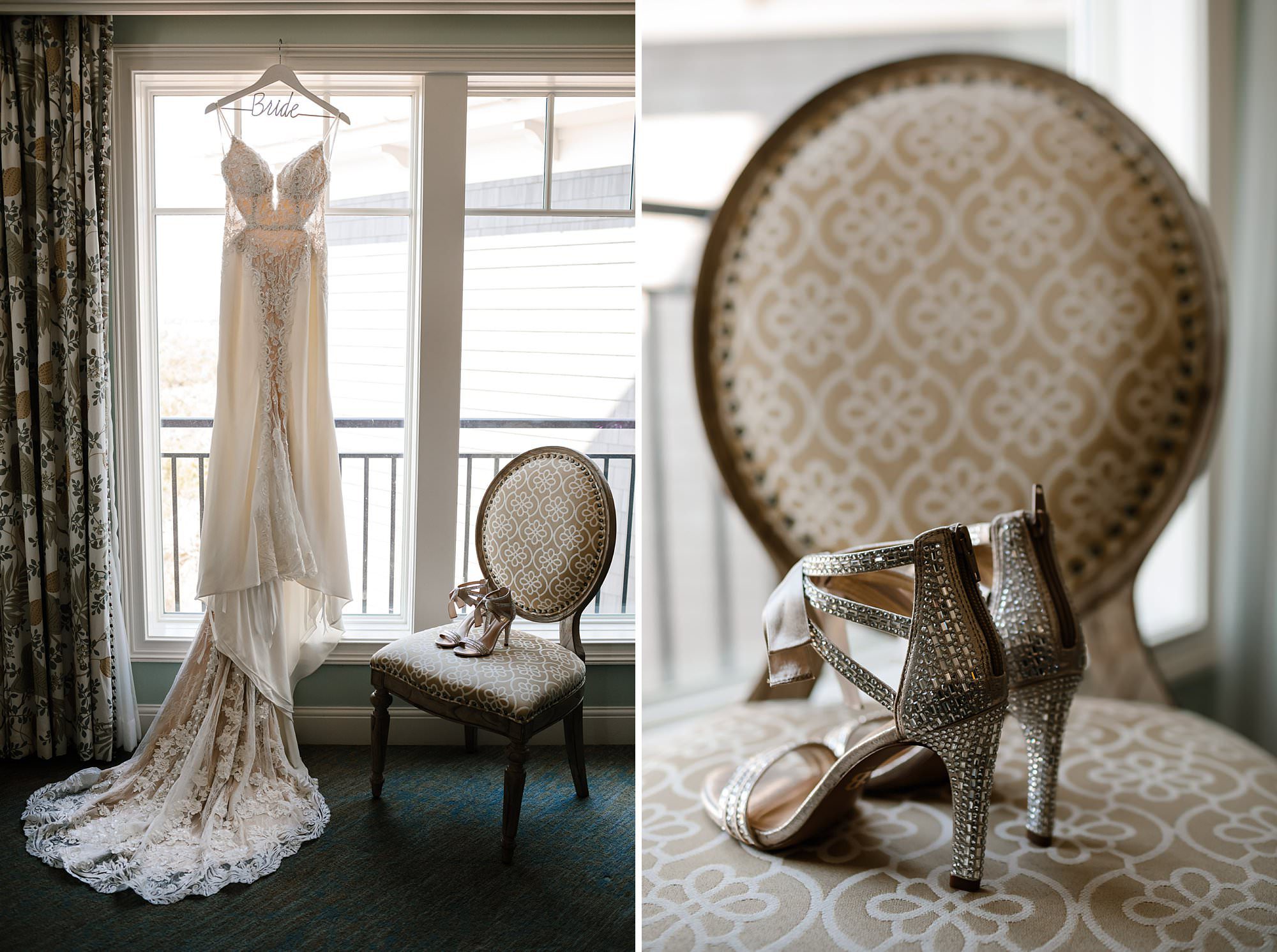 Side by side of lace inset wedding dress on a bride hanger hanging next to sparkly heals 