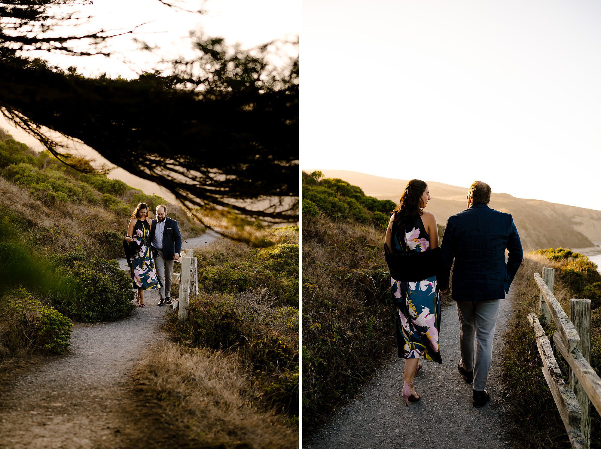 Engaged couple walking the path under a large cypress tree at Pt Reyes