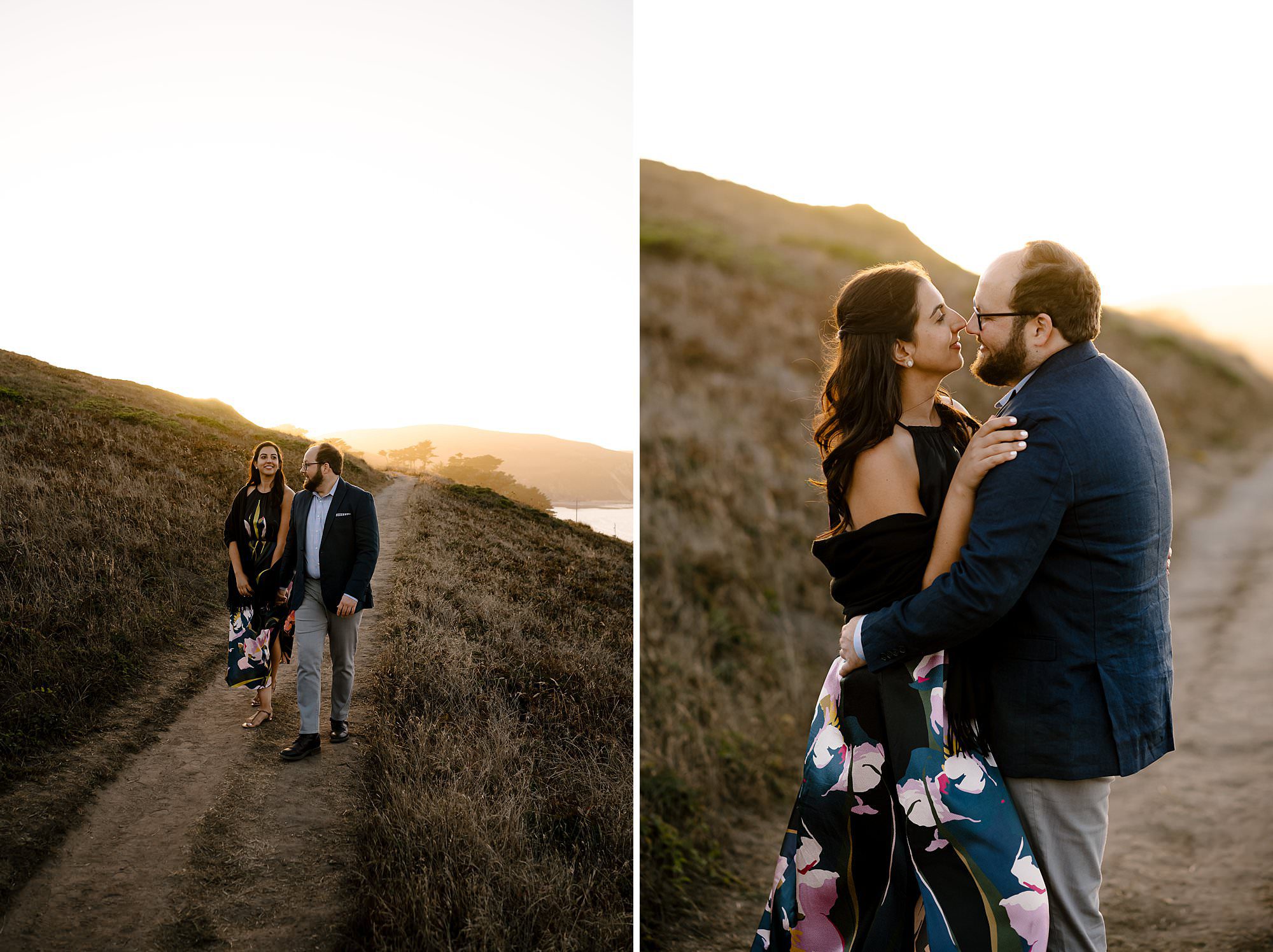 Engaged couple walking the path at sunset on a hike to Chimney Rock in Pt Reyes