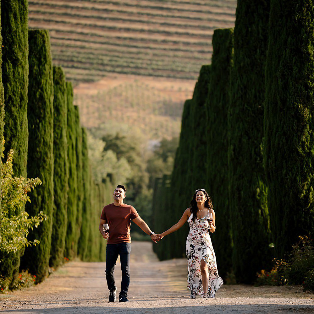 Couple laughing during proposal at Ferrari-Carano Winery