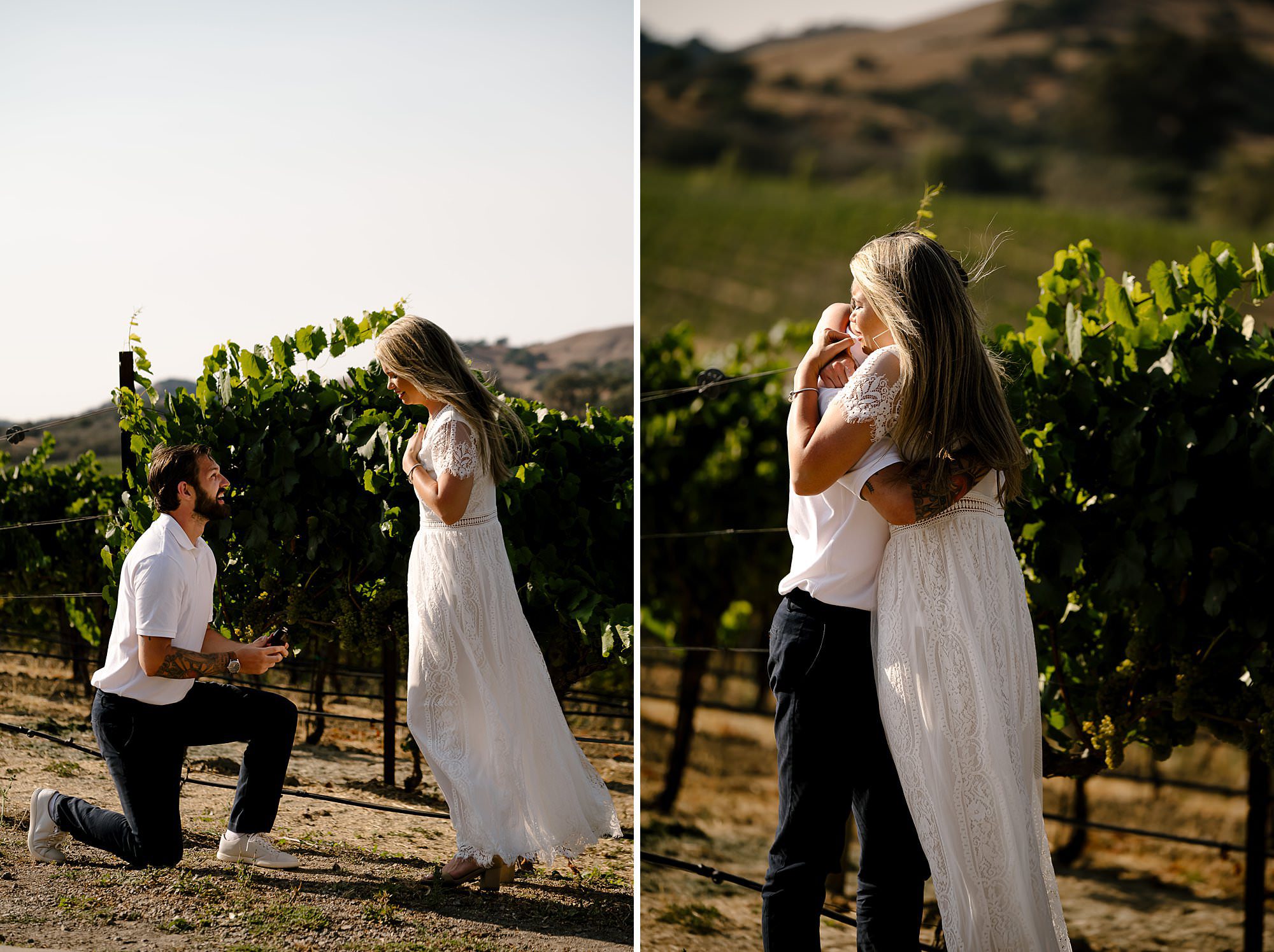 Side by side of Cameron on one knee proposing to Melissa. And them hugging after she accepts his proposal in the vineyard at Domaine Carneros in Napa. 