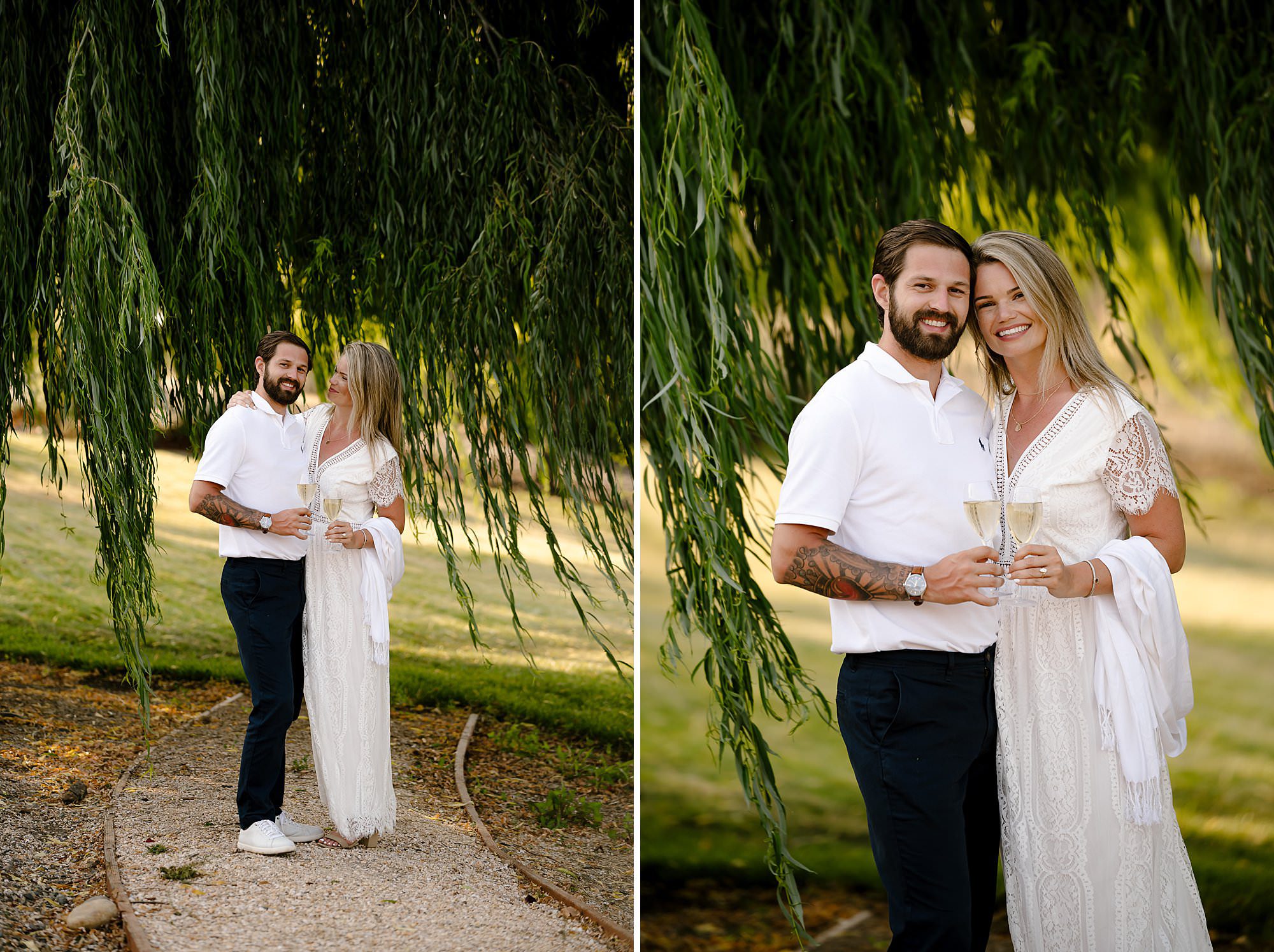 Side by side of Cameron and Melissa holding champagne glasses and smiling at the camera in front of a wheeping willow tree at Domaine Carneros in Napa.
