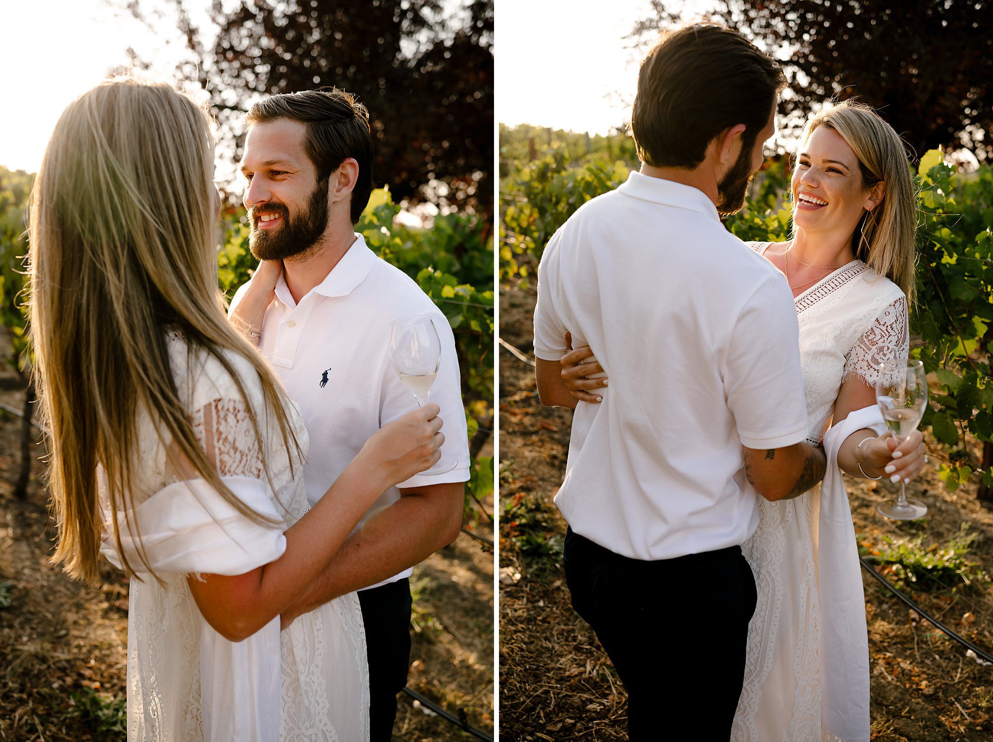 Side by side of Cameron and Melissa embracing in the vineyard at Domaine Carneros.