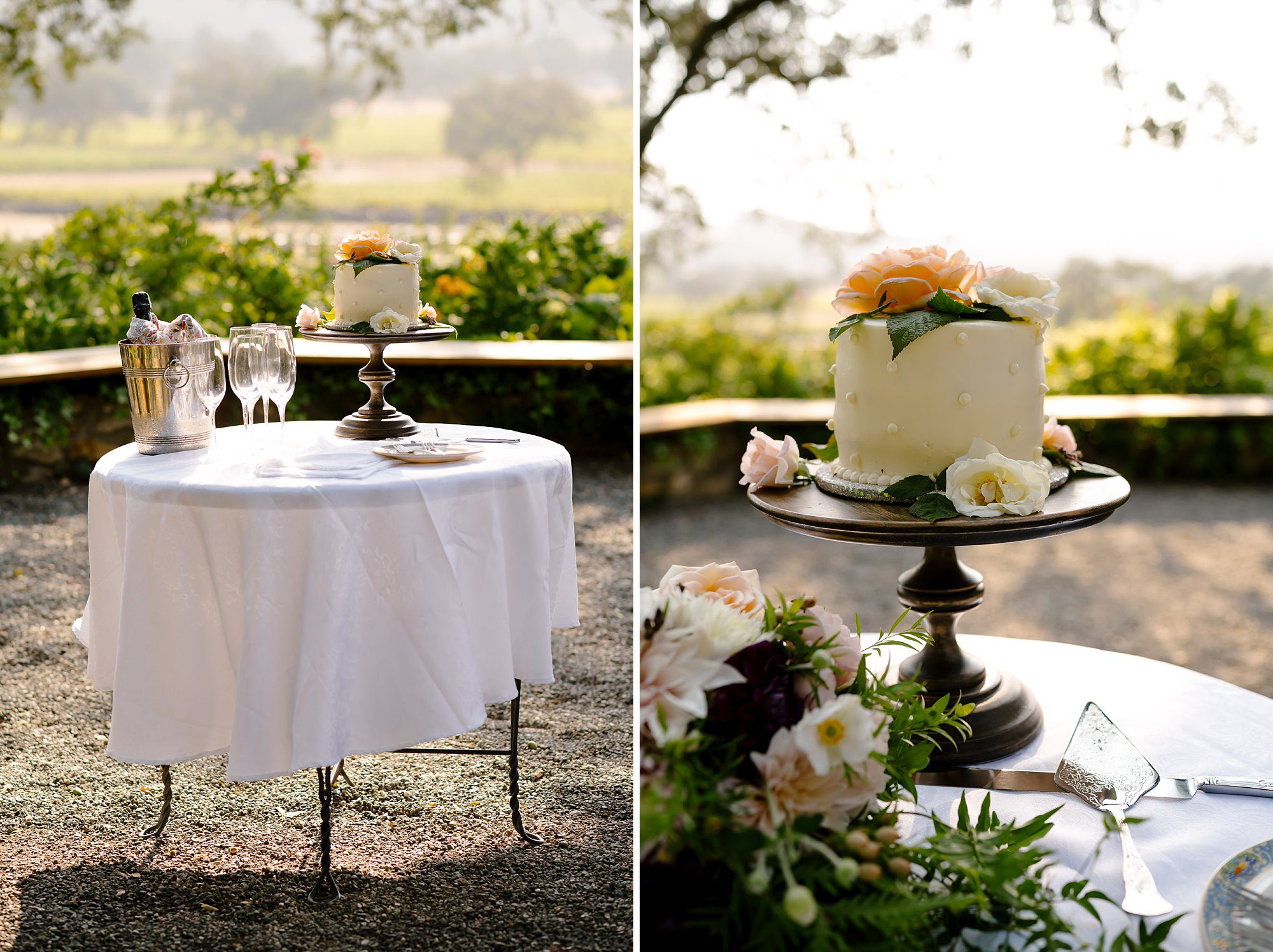 Side by side detail photos of petit cake on decorated with garden flowers and the table set with champage flutes for an elopement at Beltane Ranch in Glen Ellen