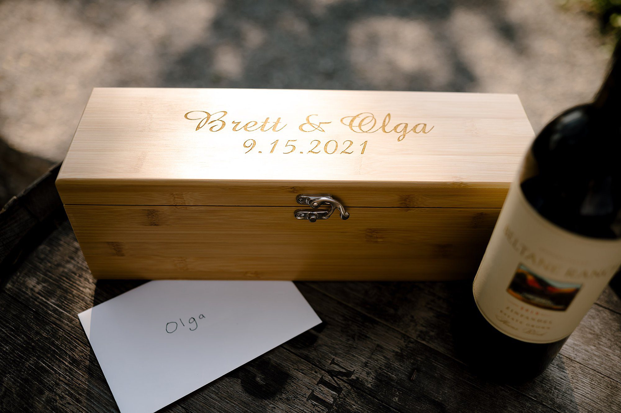 Engraved wine box used during an elopement ceremony at Beltane Ranch in Glen Ellen