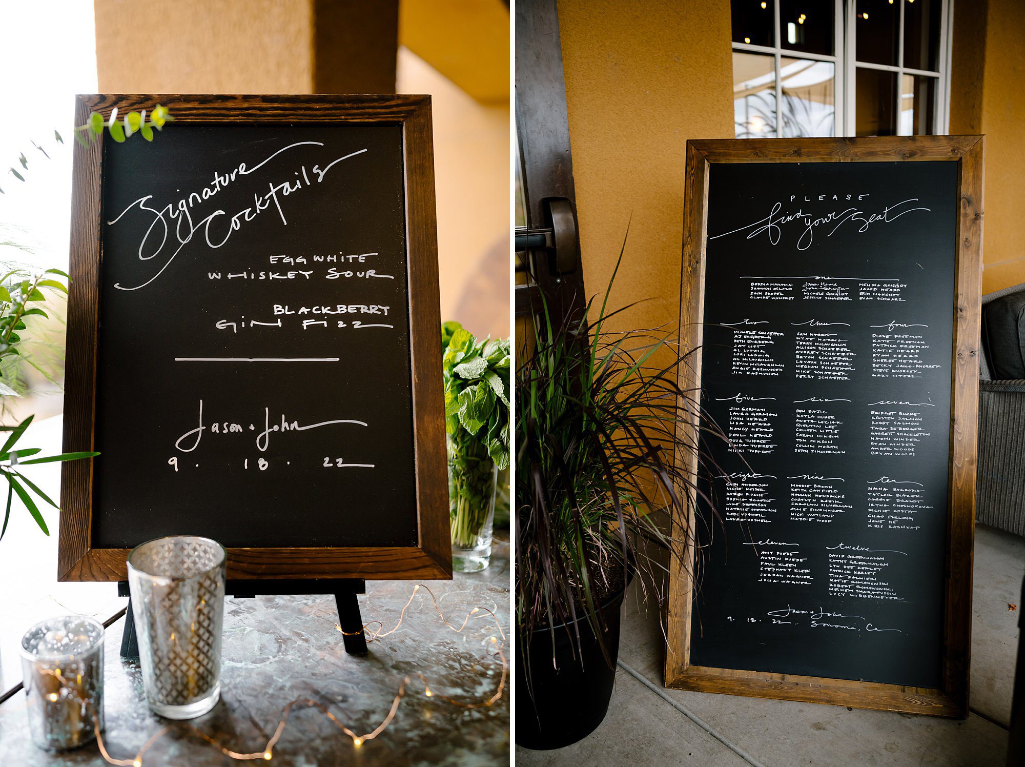 Side by side photos of caligrafied chalk board signage for a wedding at Viansa Winery in Sonoma