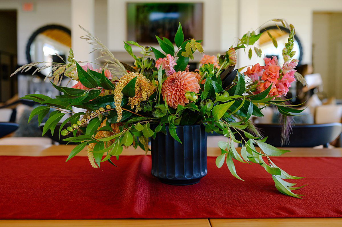 Floral arrangement on the table set for a special event at Frank Family Vineyard