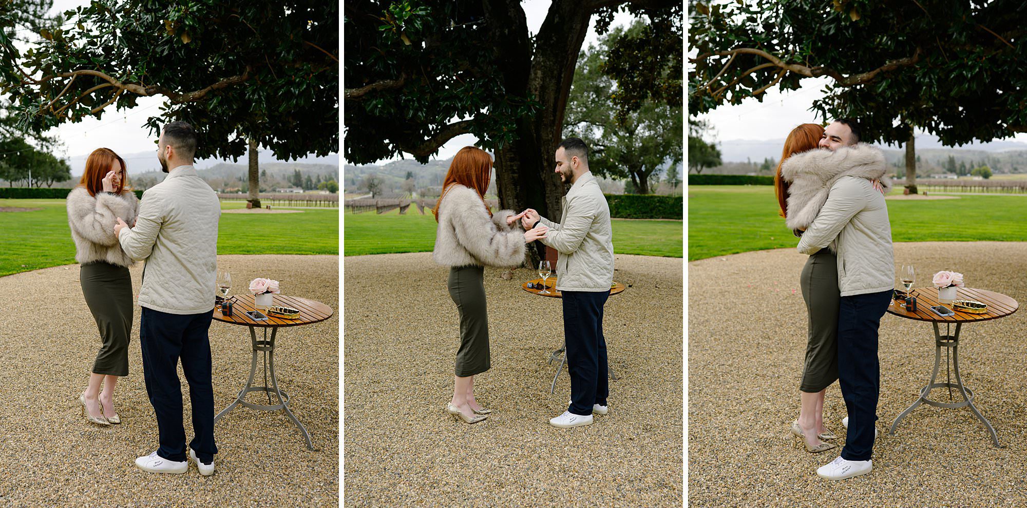 Triptych of Marko placing the ring on Darya's finger and hugging after he proposed at Chateau St Jean in Kenwood