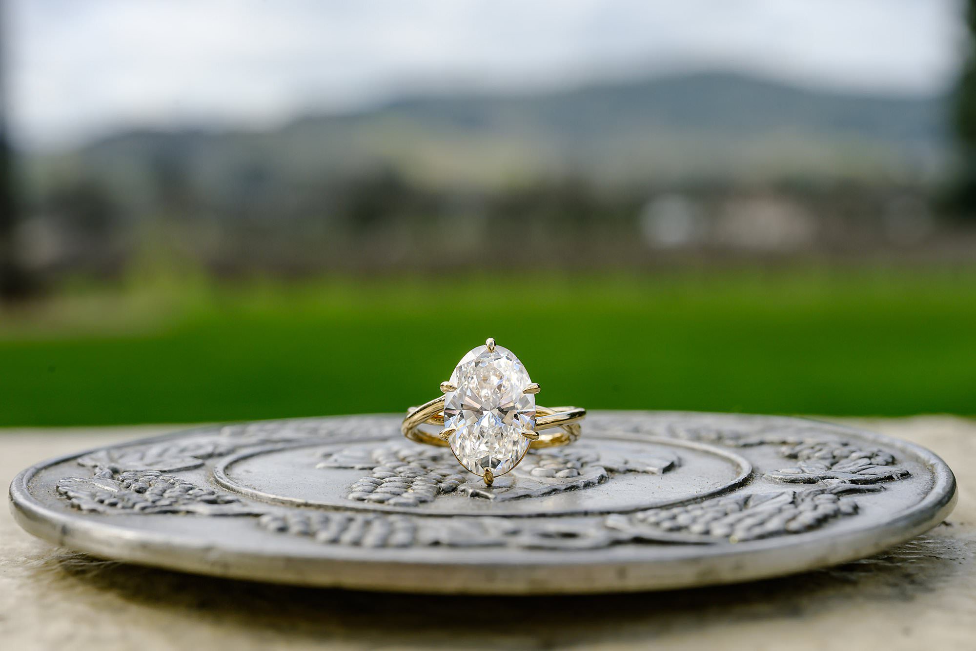 Diamond ring with Chateau St Jean vineyards and mountains in the background