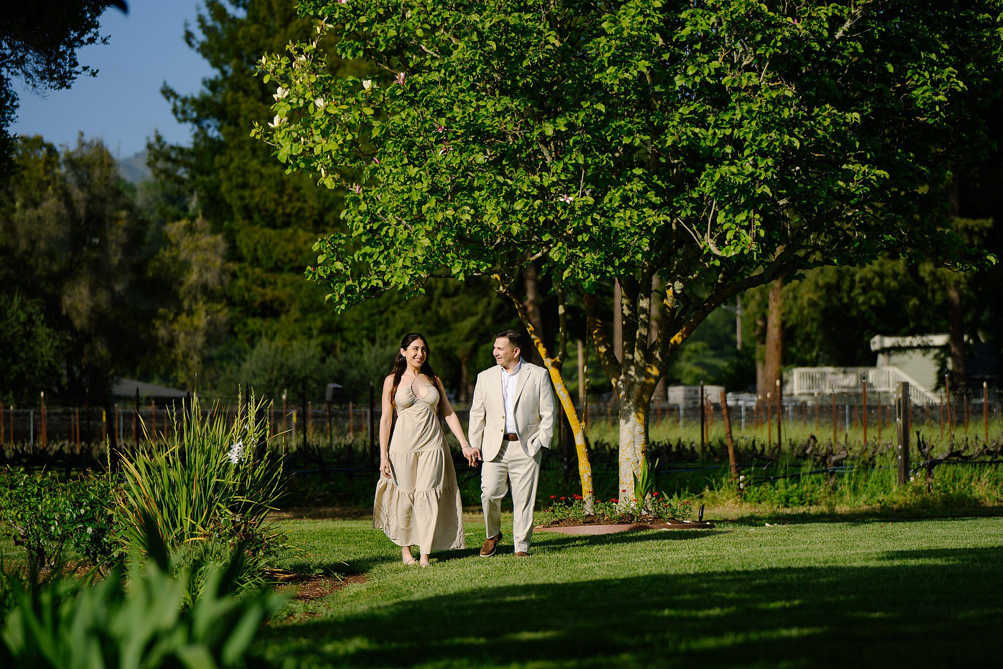 Nik and Jackie walking around the pond at Landmark Vineyard after getting engaged in the vineyard