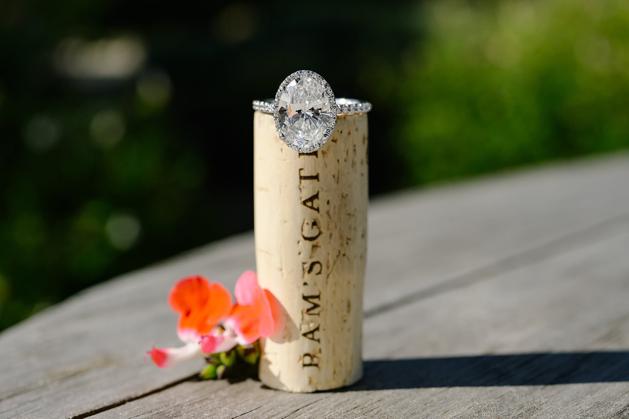 Oval diamond engagement ring on Ram's Gate cork
