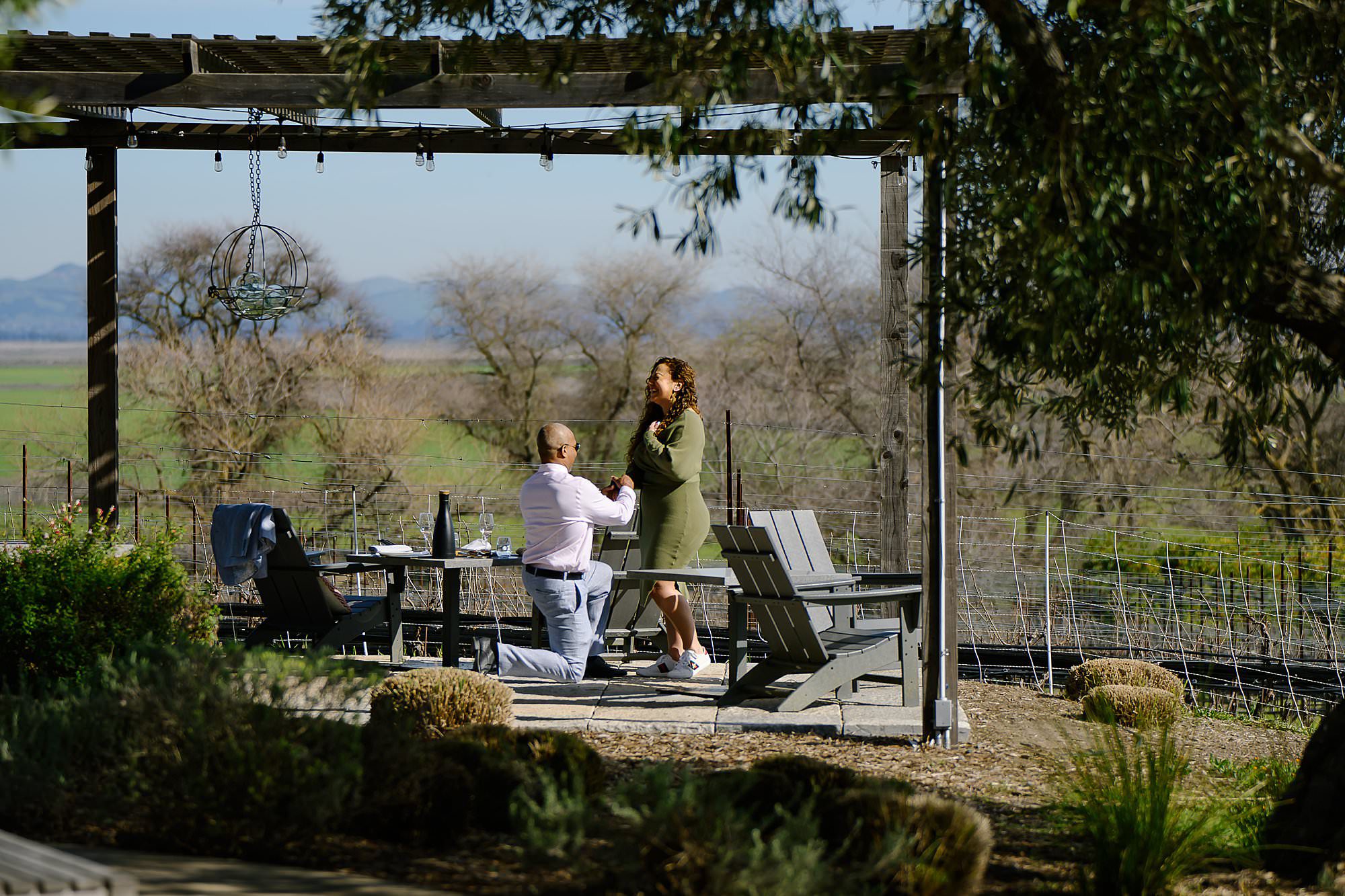 Courtney proposes to wedding planner, Samar under the pergola at Ram's Gate winery in Sonoma Ca