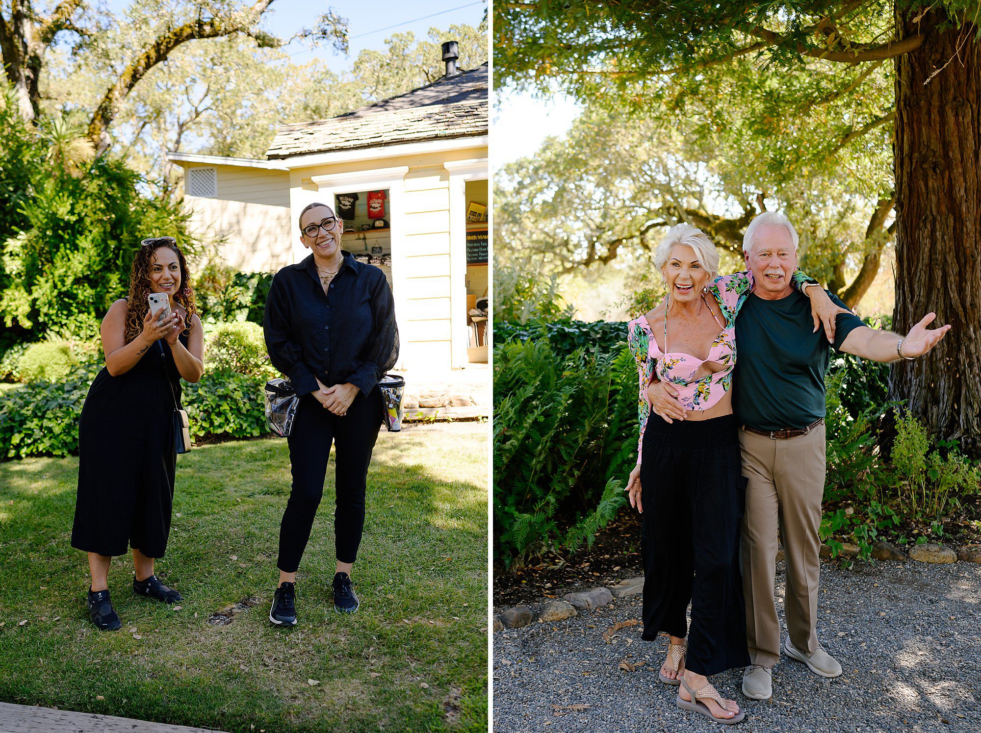 Samar Hattar and Carrie Aldous watch Barry and Lynn dance in the garden at Beltane Ranch before their elopement in the vineyard.