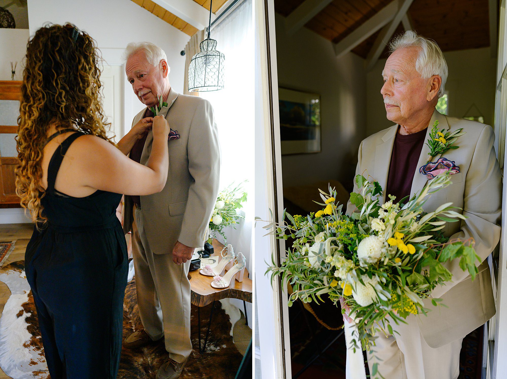 Side by side of planner Samar Hatter attaching Barry's boutonnière and Barry holding the bouquet 
