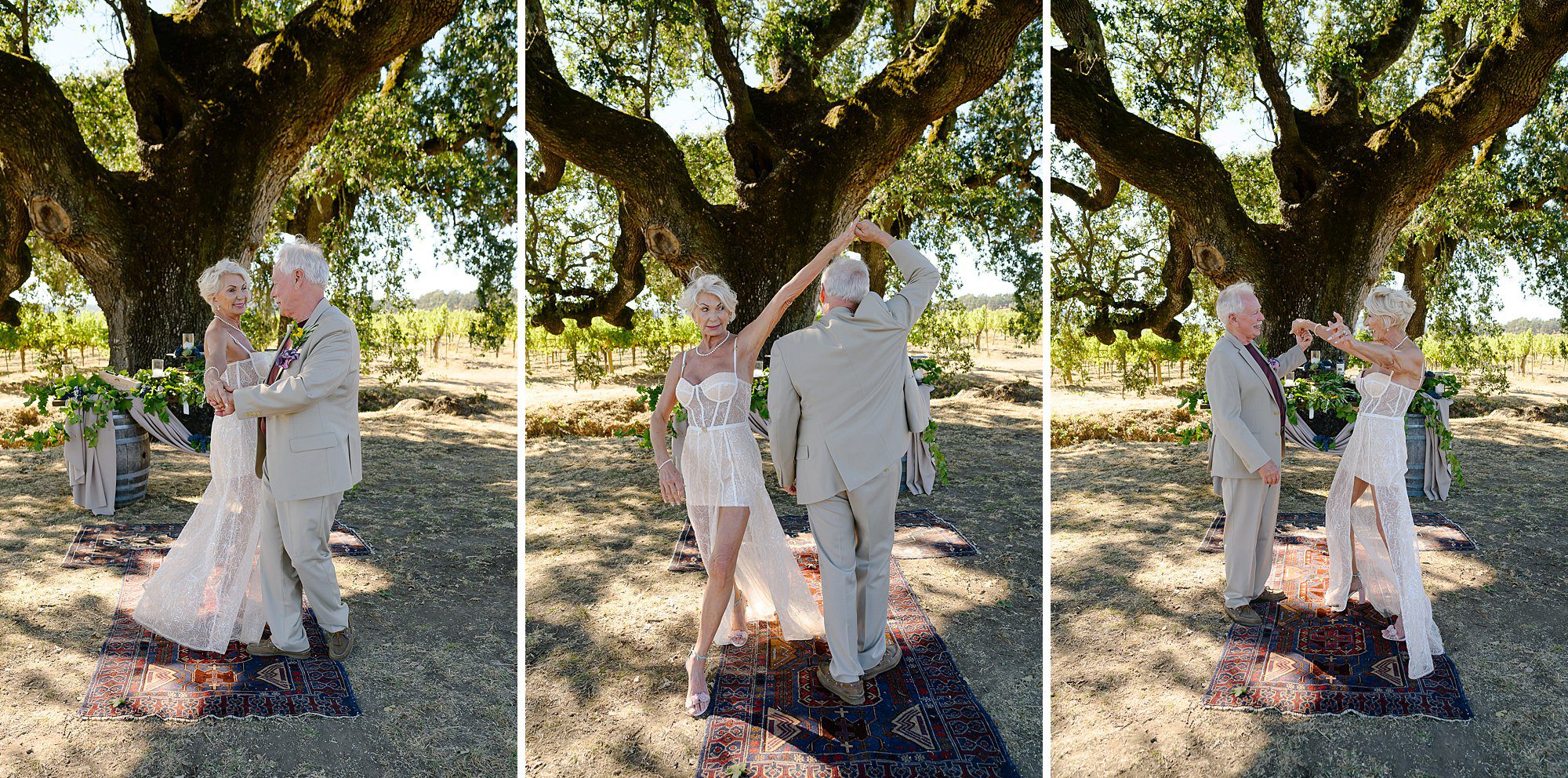 Triptych of Lynn and Barry dancing their way back down the aisle after exchanging vows under the oak in the vineyard at Beltane Ranch