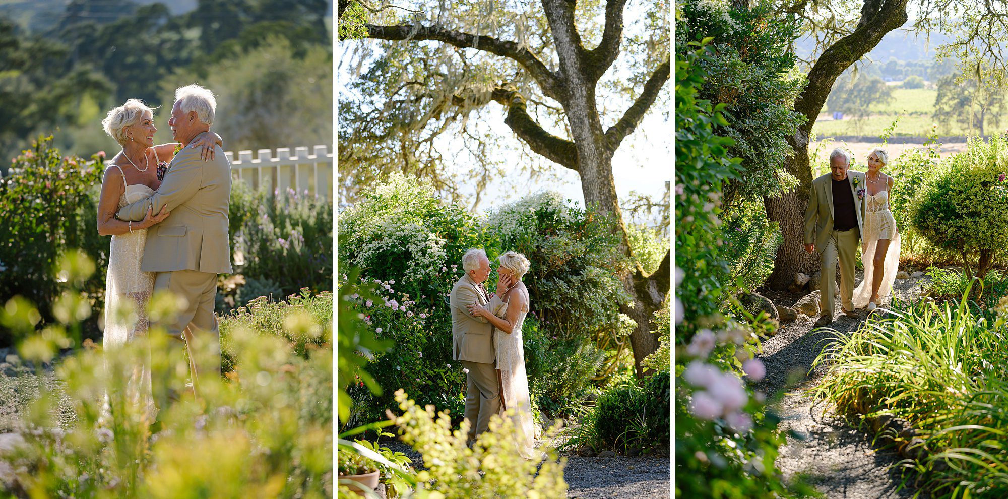 Tryptic of Lynn and Barry around the gardens at Beltane Ranch after their vineyard elopement